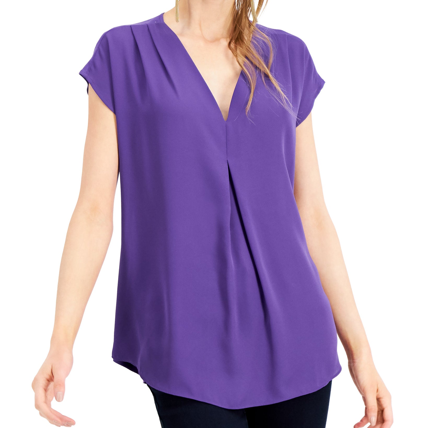 INC International Concepts Women Inverted Pleat V Neck Top Purple Lily