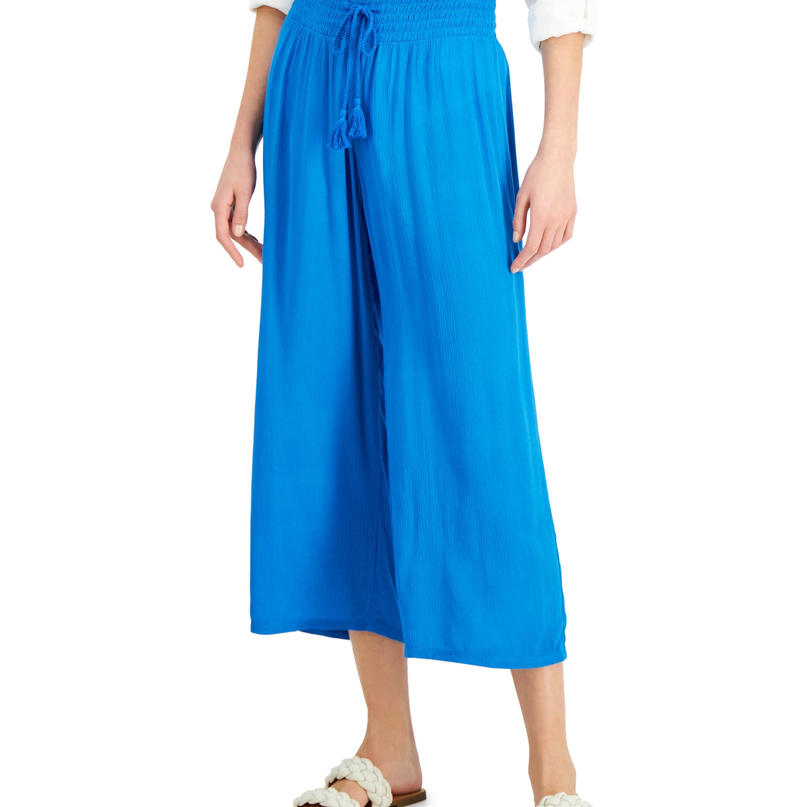 INC International Concepts Women Crinkle Gauze Cropped Wide Leg Pants Resort Blue