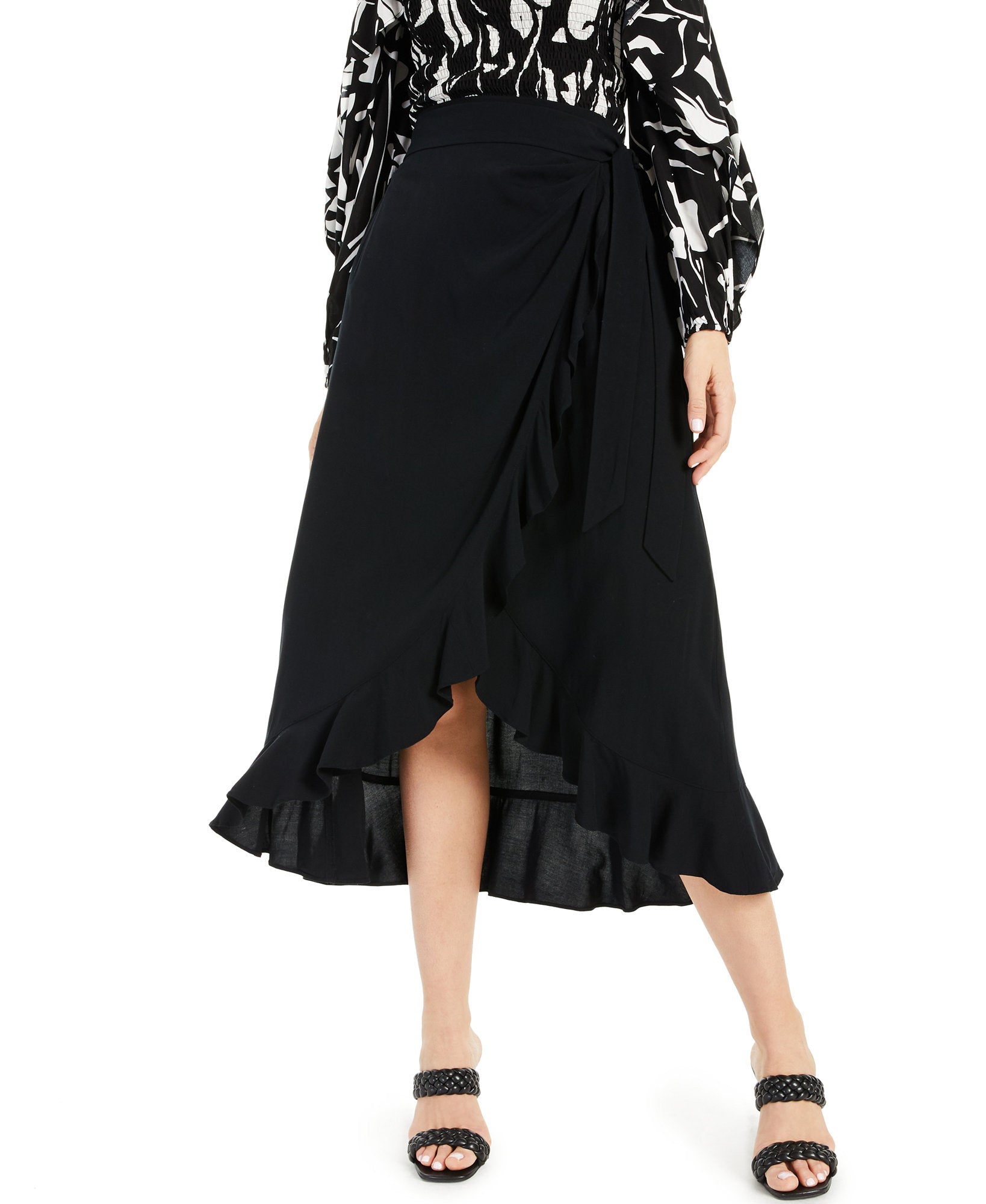 INC International Concepts Women Ruffled Wrap Skirt Deep Black