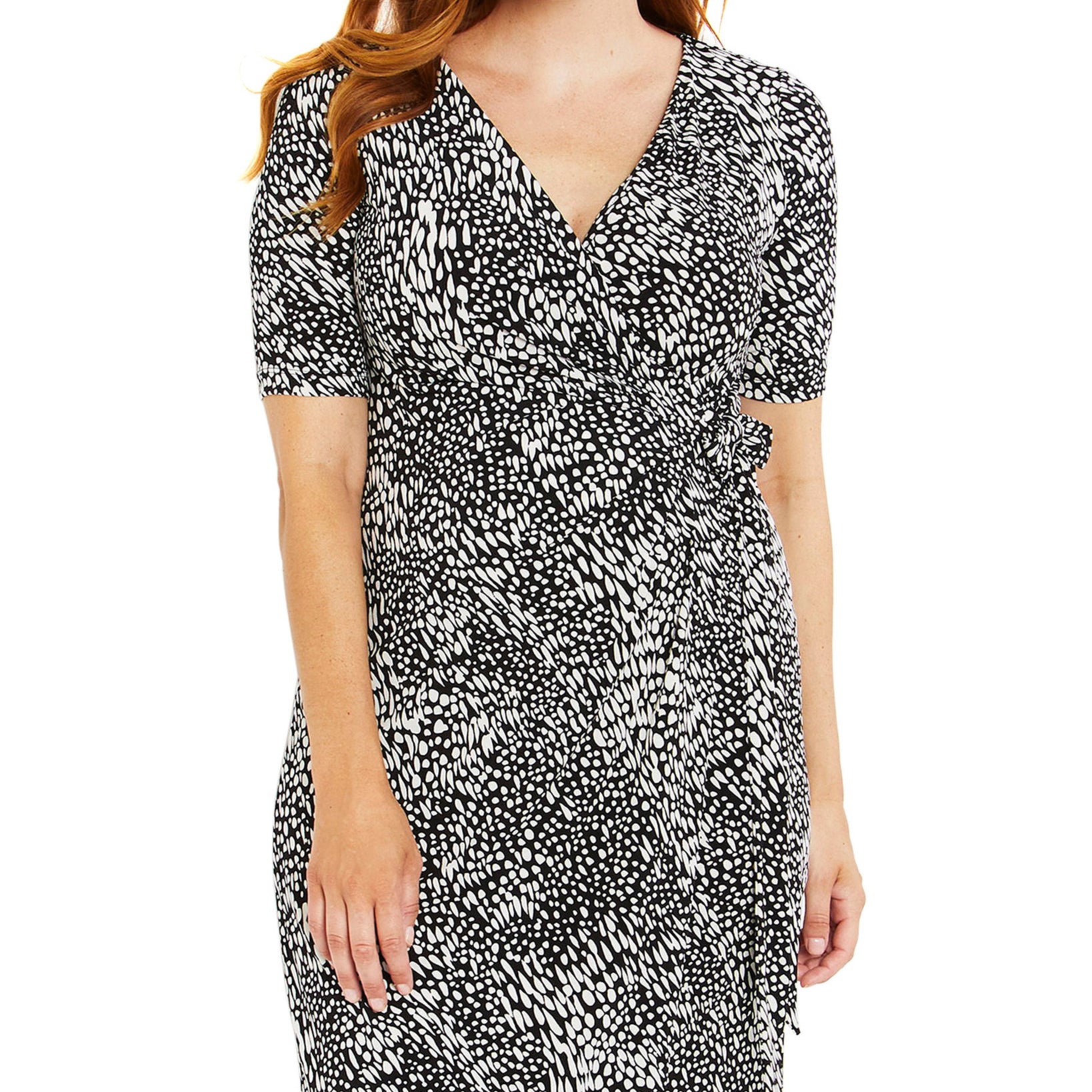 Motherhood Maternity Women Waist Tie Surplice Maternity Dress Black and White Dot