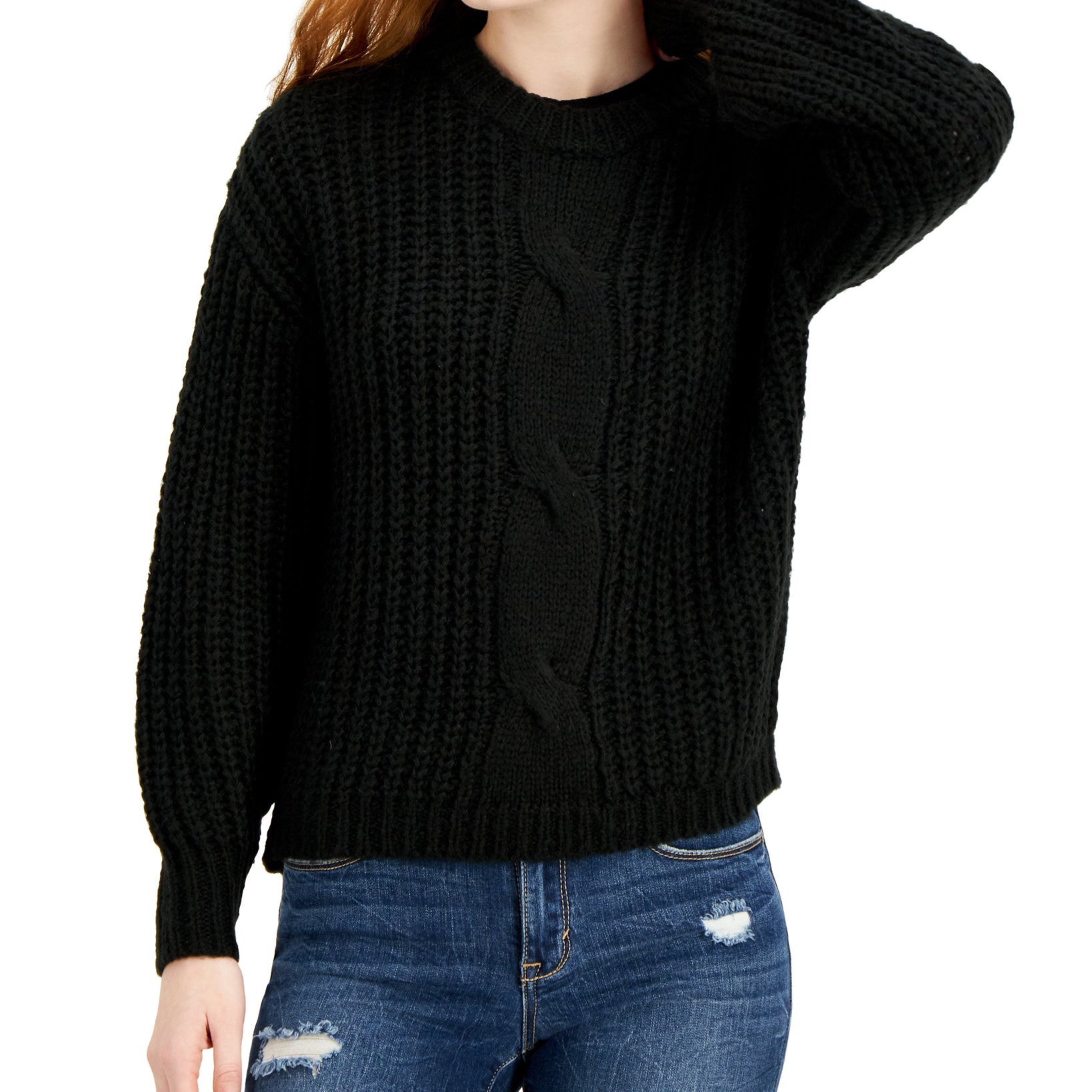 Belle Du Jour Women Cable Knit Balloon Sleeve Sweater Black