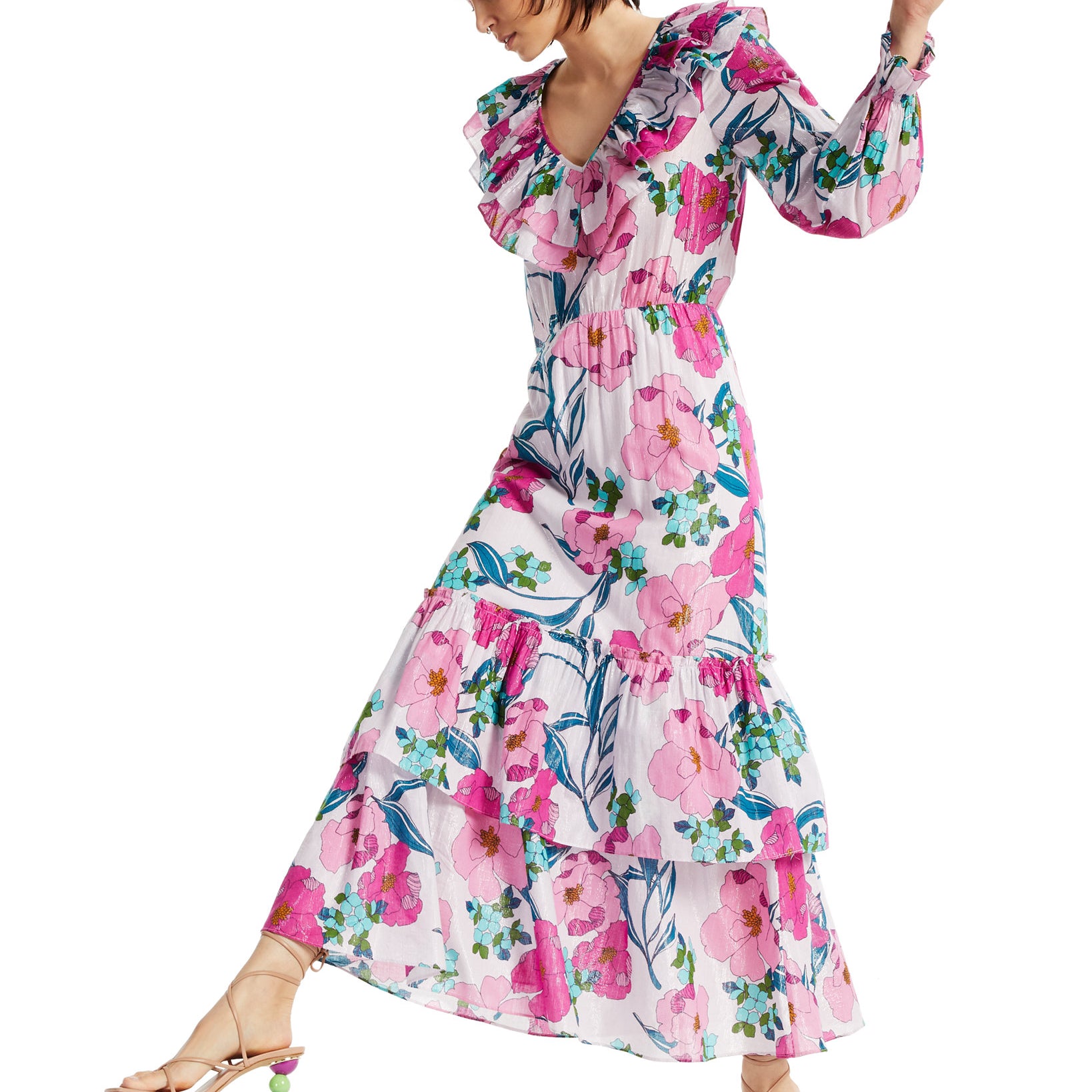 INC International Concepts Women Printed Shine Ruffle Maxi Dress Naveena Floral