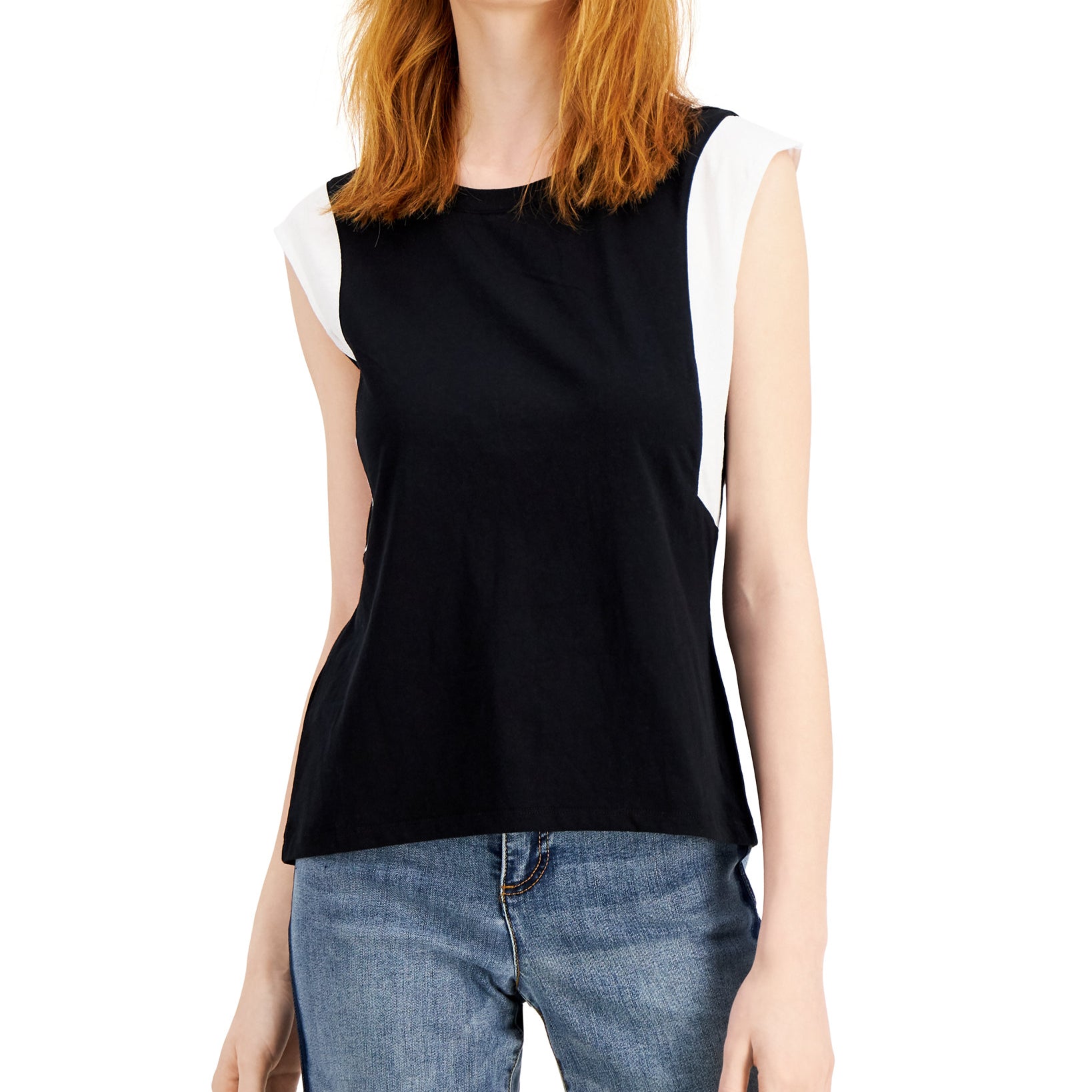 INC International Concepts Women Cotton Colorblocked Top Deep Black
