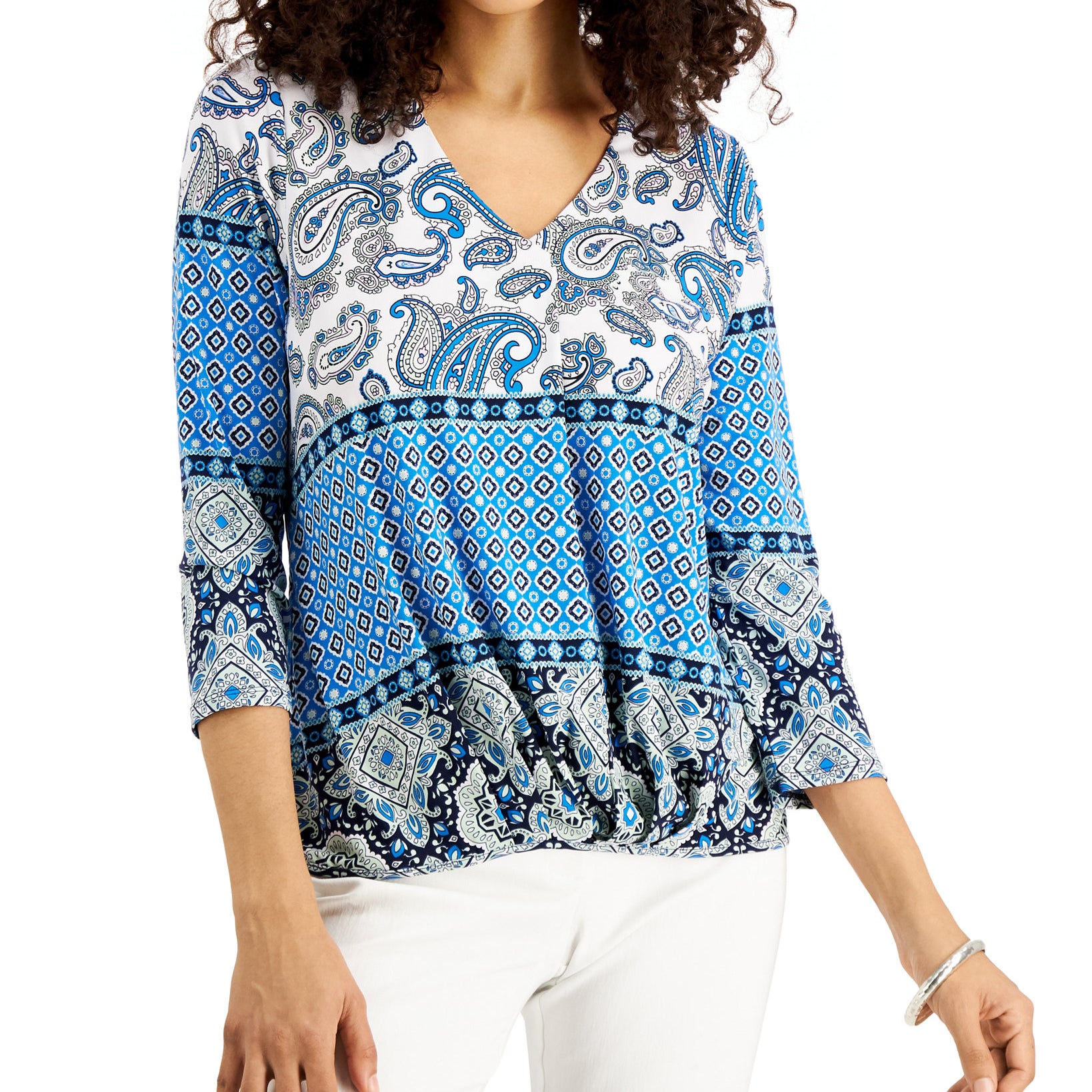 JM Collection Women Printed 3 4 Sleeve V Neck Top Blue Combo