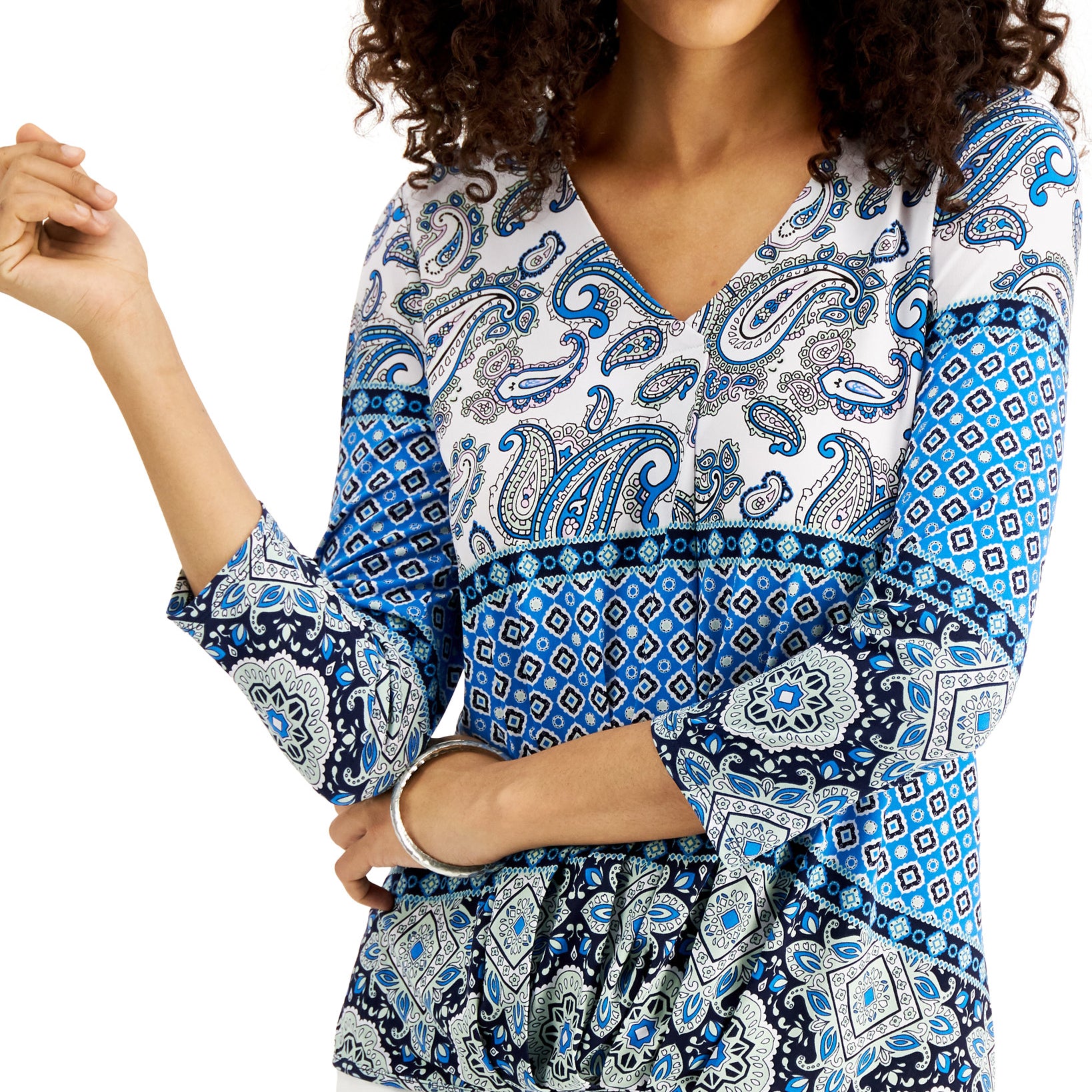 JM Collection Women Printed 3 4 Sleeve V Neck Top