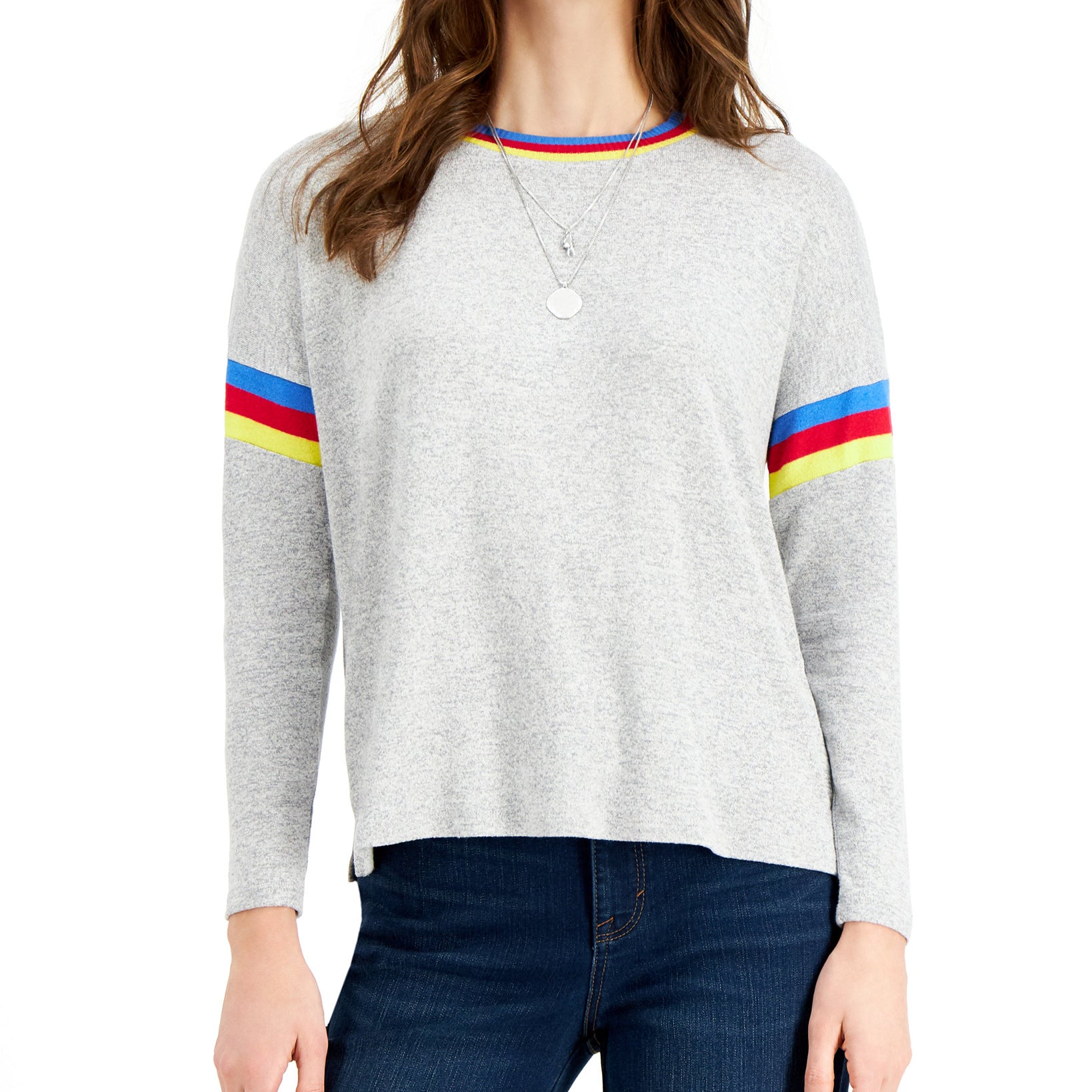 Style & Co Women Petite Crewneck Sweater Light Grey Heather