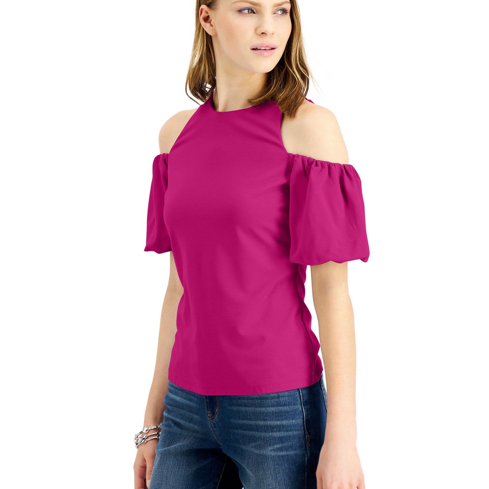 INC International Concepts Women Cold Shoulder Balloon Sleeve Top Jazzy Pink