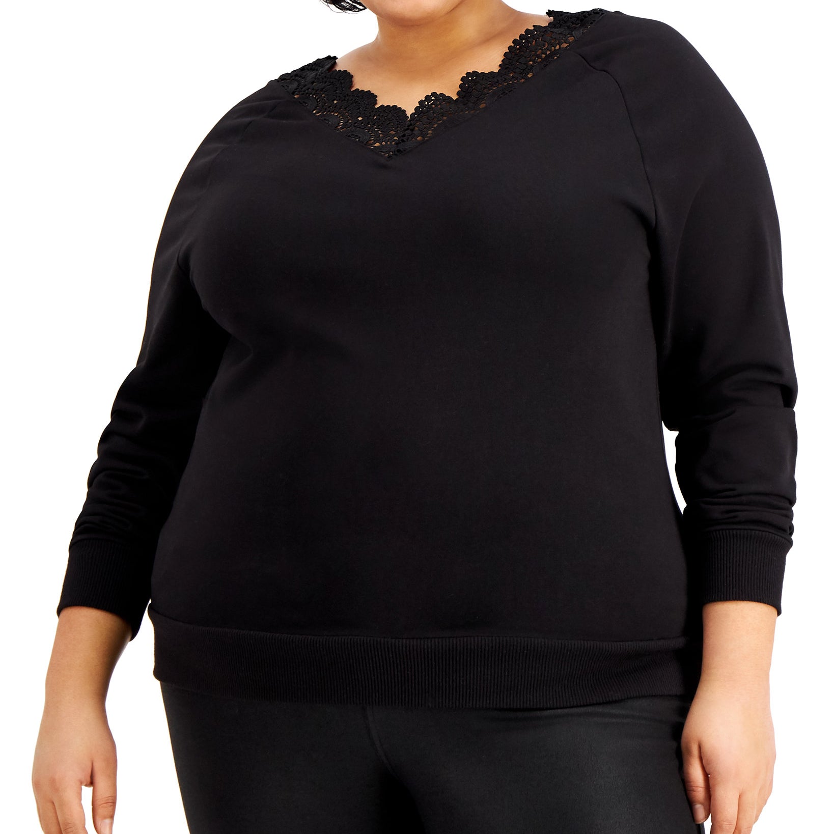 Kiss & Tell Women Plus Trendy Lace Trim V Neck Top Black