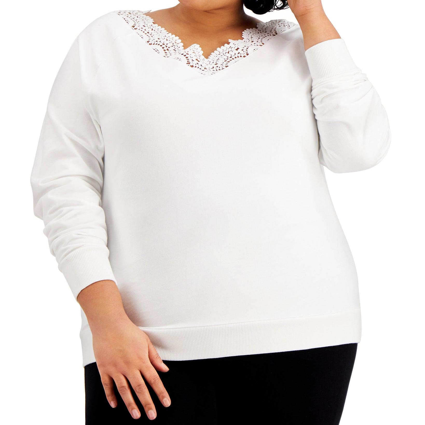 Kiss & Tell Women Plus Trendy Lace Trim V Neck Top Cream