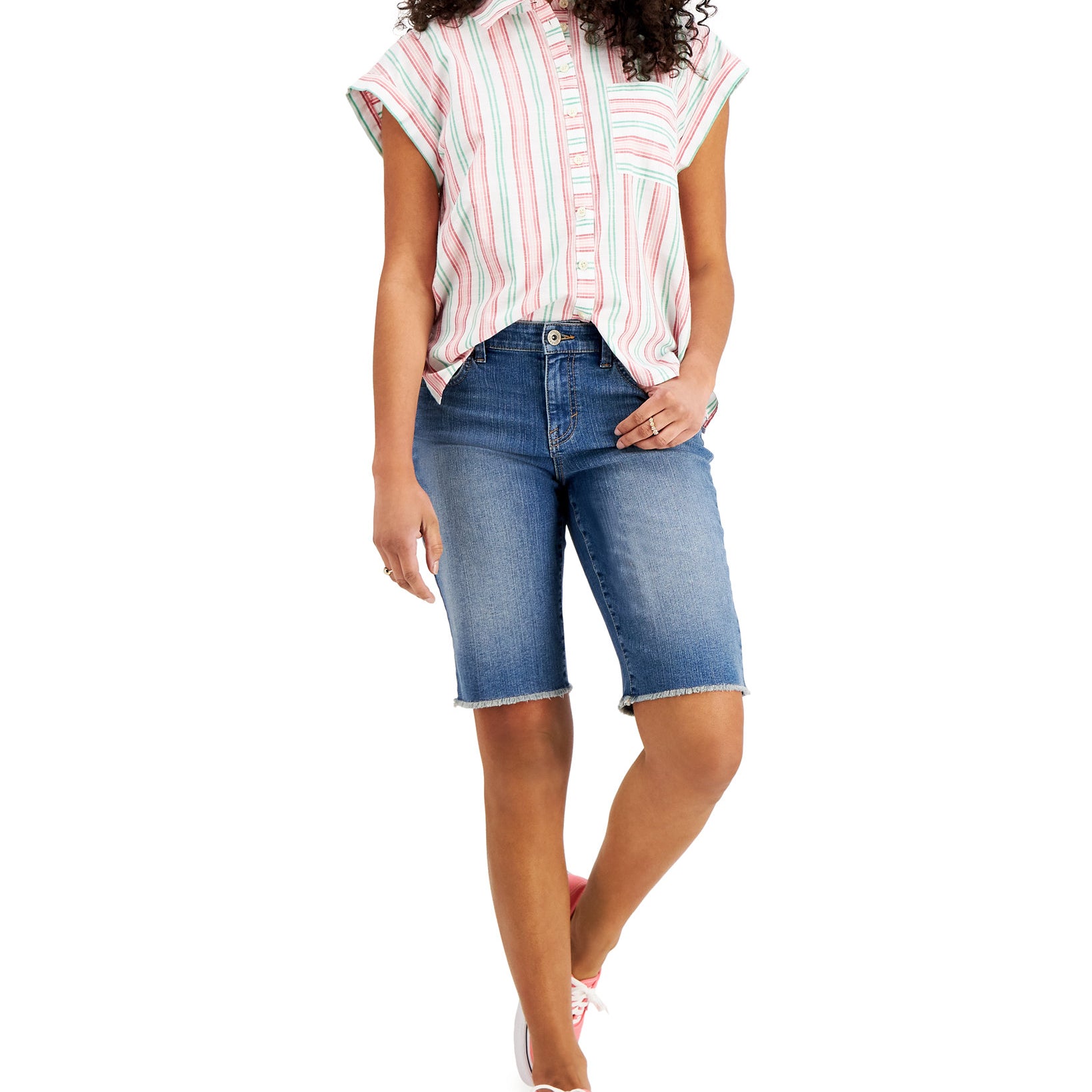 Style & Co Women Petite Striped Button Down Top