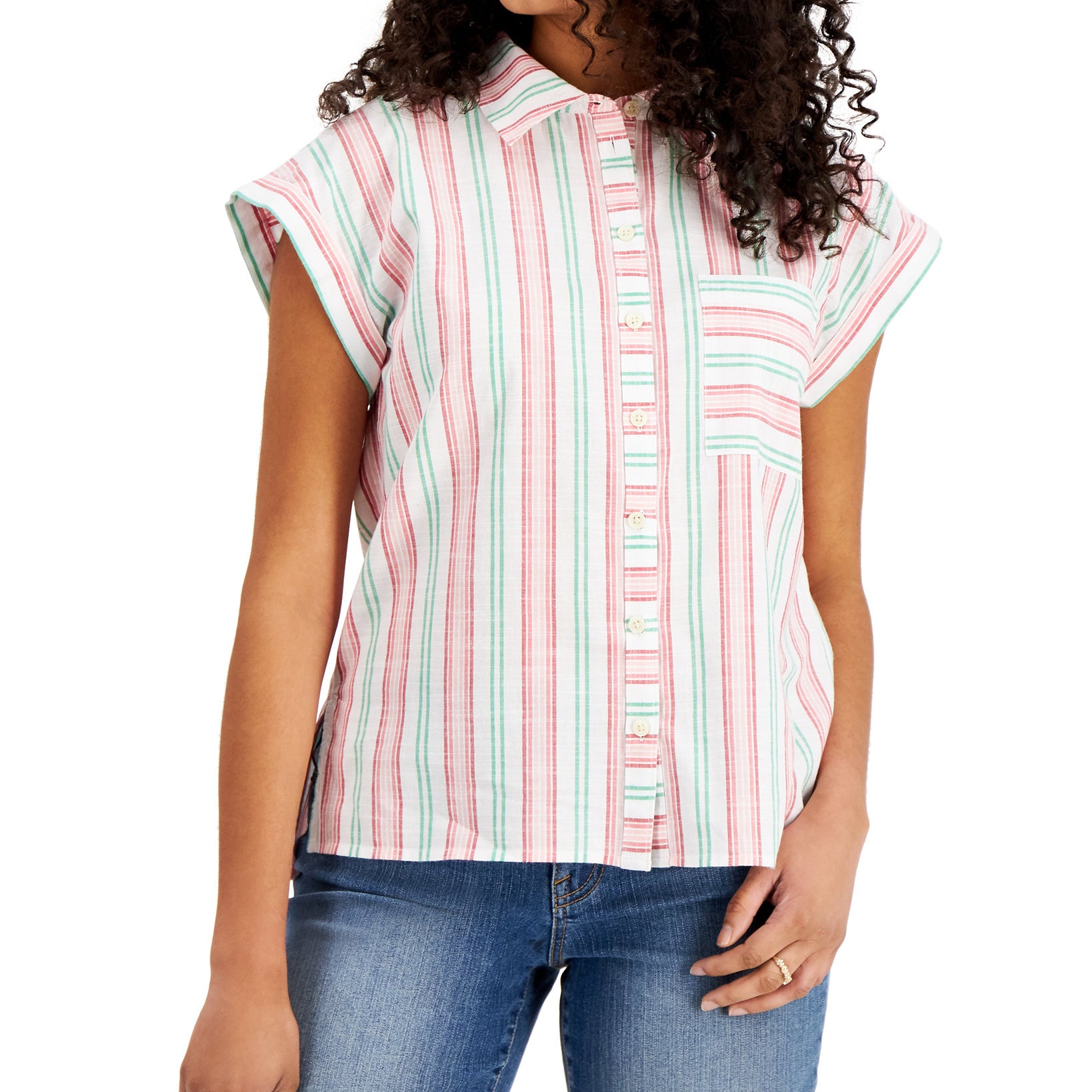 Style & Co Women Petite Striped Button Down Top Bright White