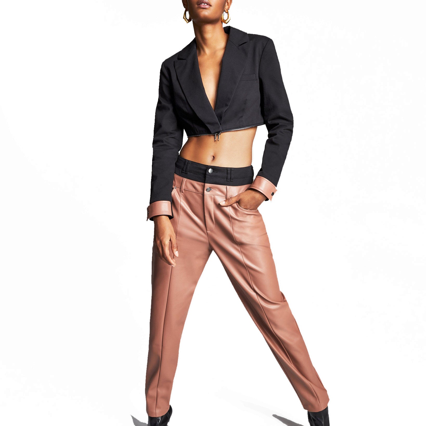 Bar III Women Double Waistband Faux Leather Pants Clove Spice