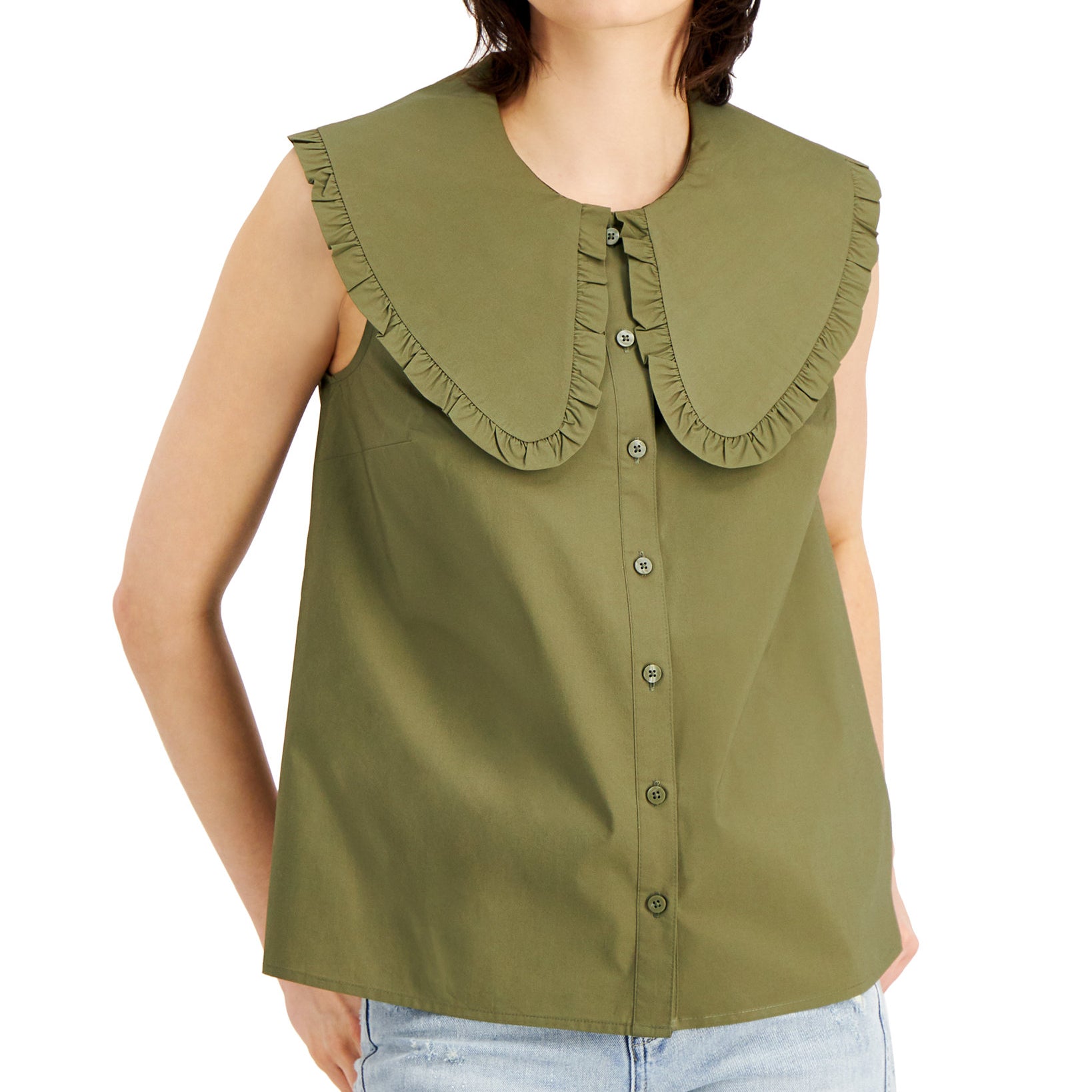 INC International Concepts Women Ruffle Collar Top Burnt Olive