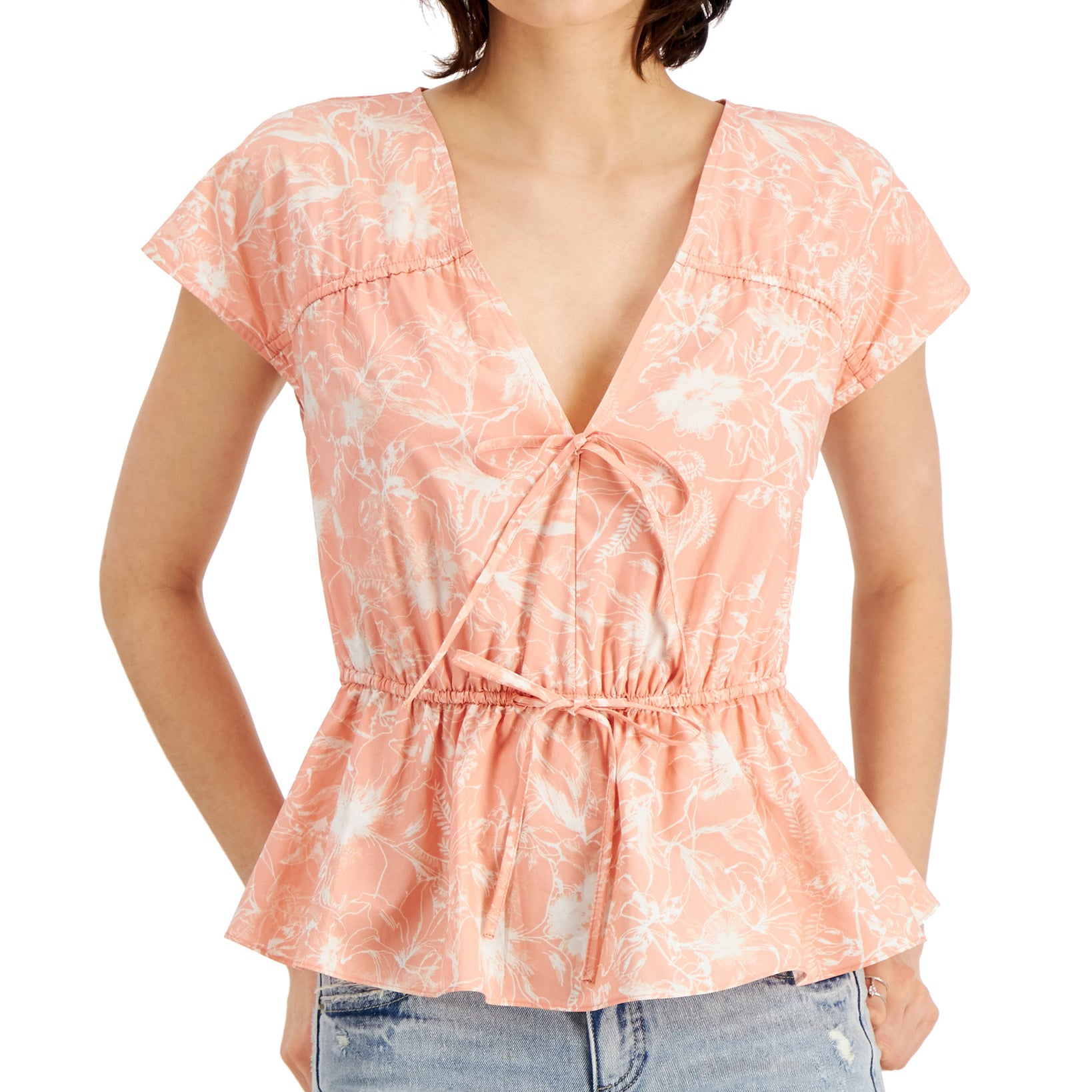 INC International Concepts Women Cotton Printed V Neck Top Chroma Botanical