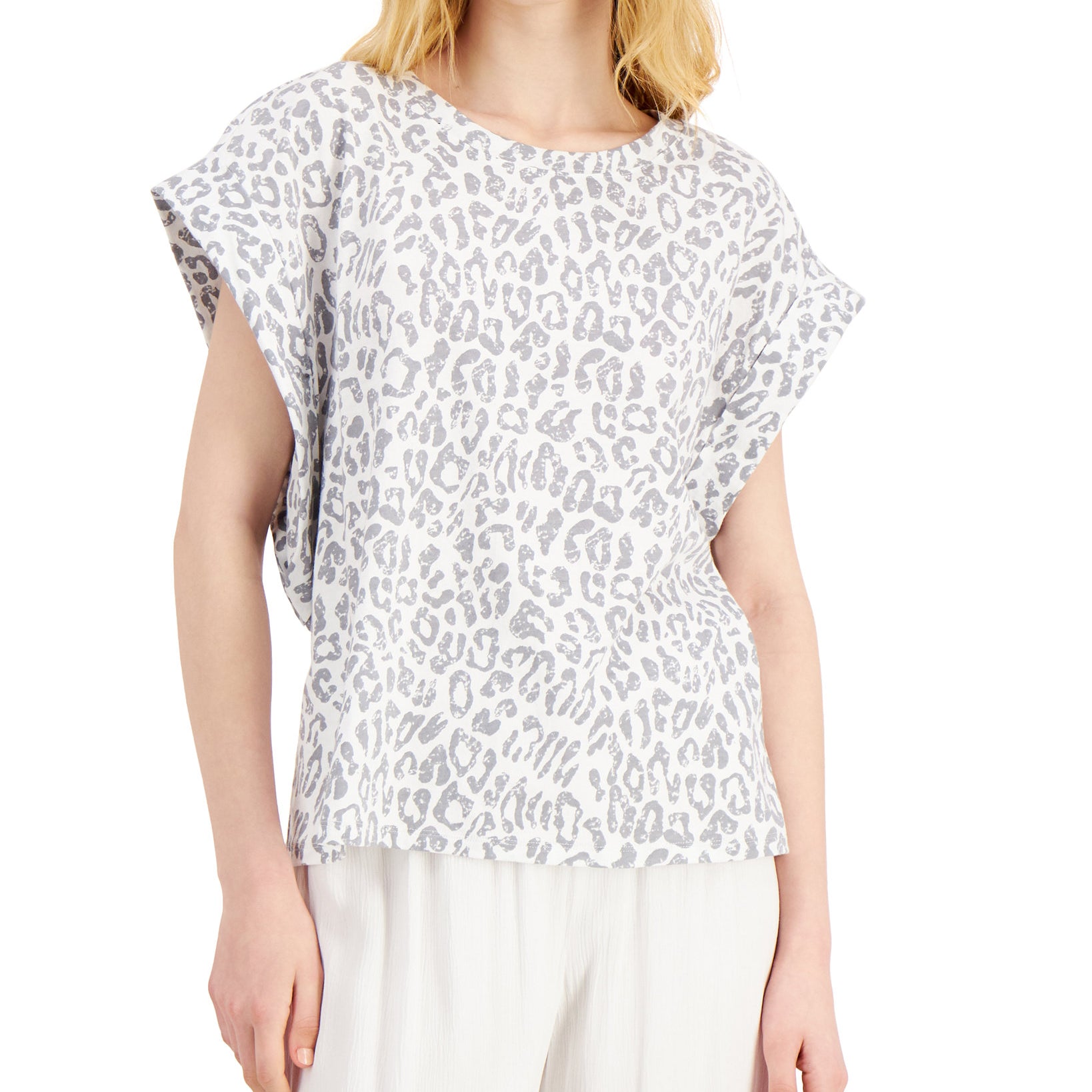 INC International Concepts Women Cotton Roll Sleeve T Shirt Chiara Cheetah