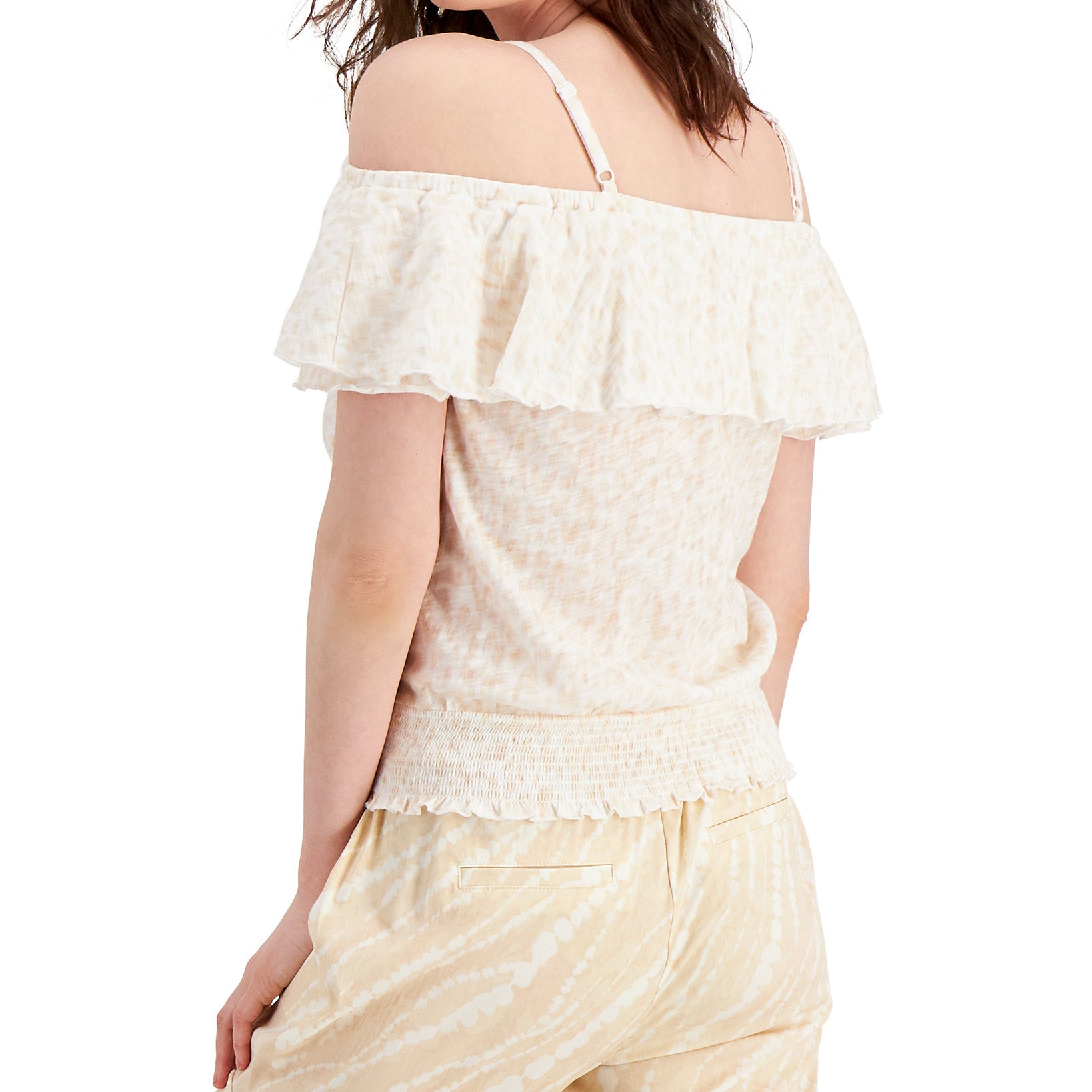 INC International Concepts Women Cotton Printed Ruffled Cold Shoulder Top