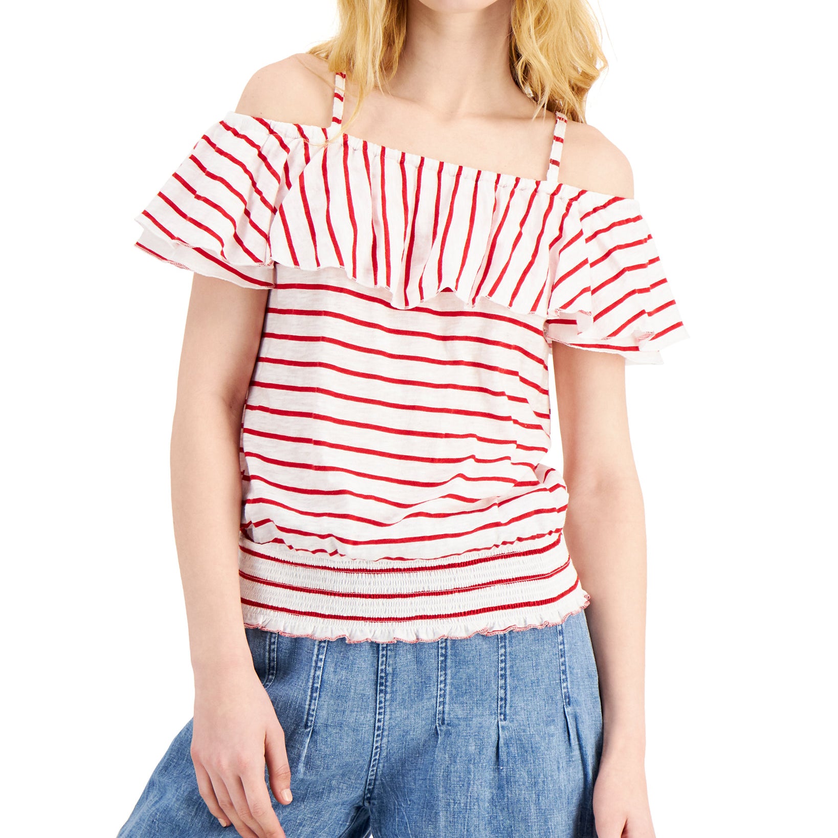 INC International Concepts Women Cotton Stripe Print Cold Shoulder Top Sadie Stripe