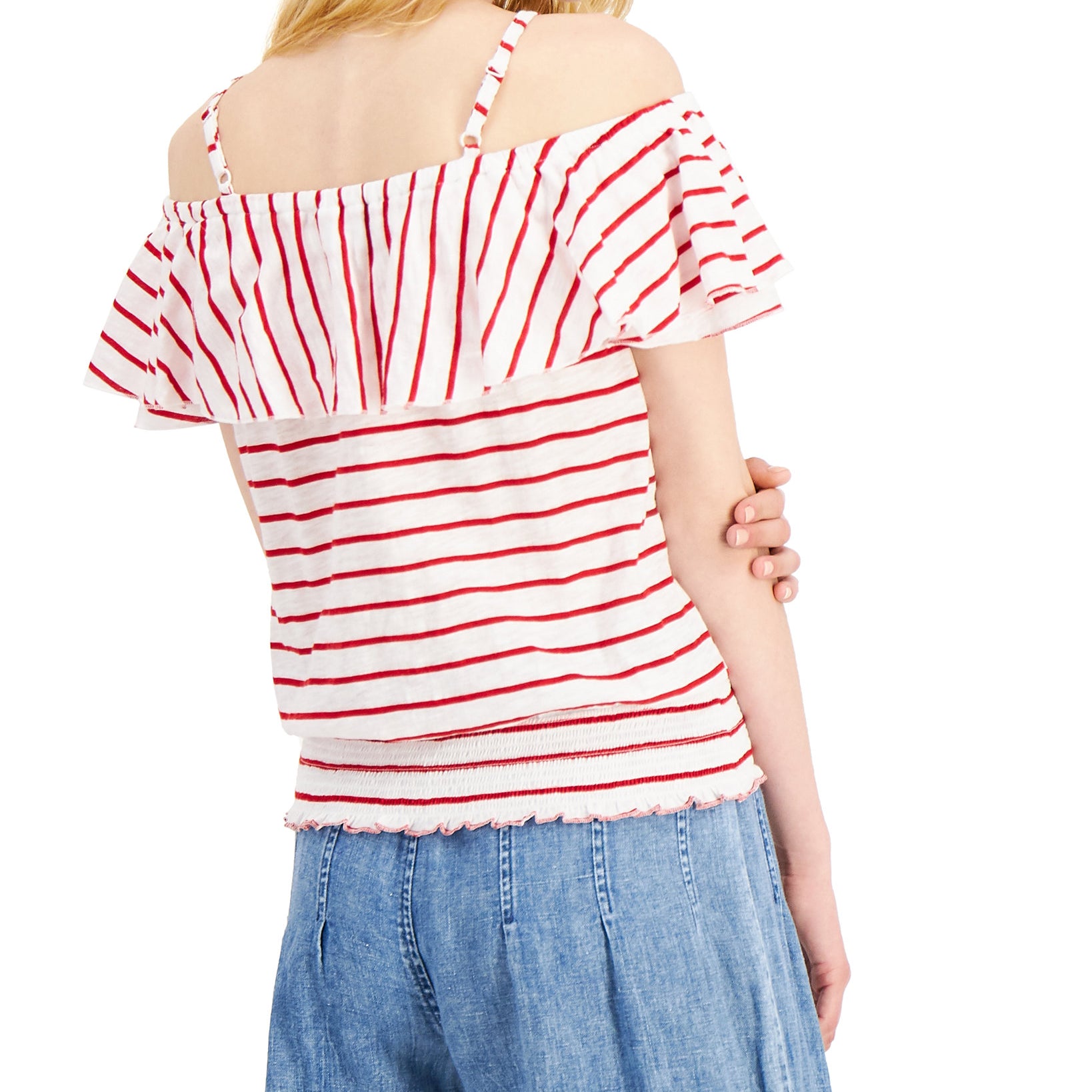 INC International Concepts Women Cotton Stripe Print Cold Shoulder Top