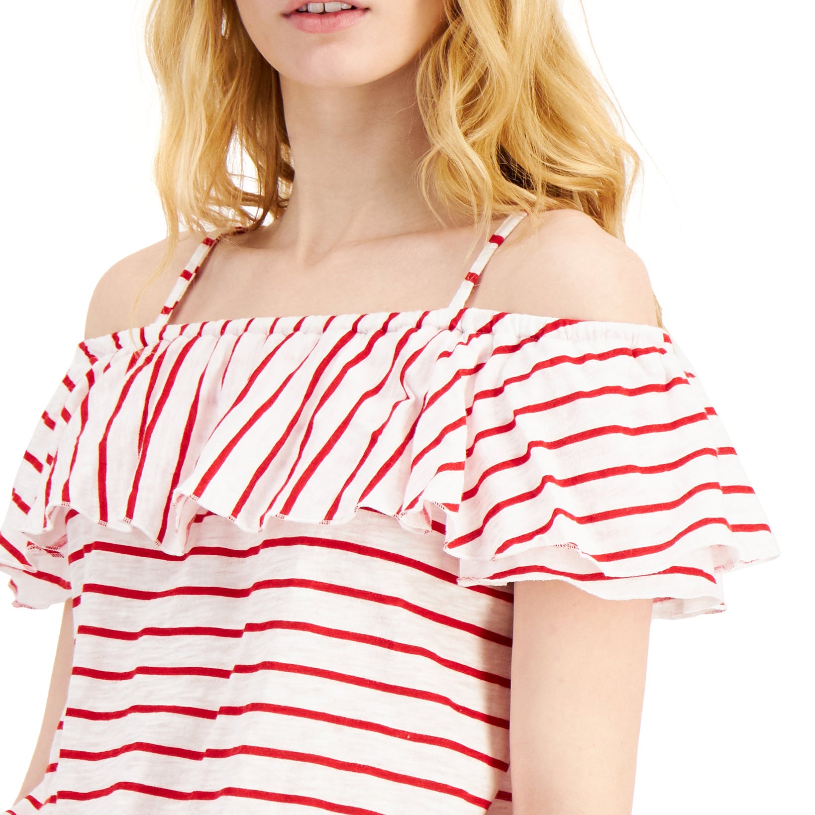 INC International Concepts Women Cotton Stripe Print Cold Shoulder Top