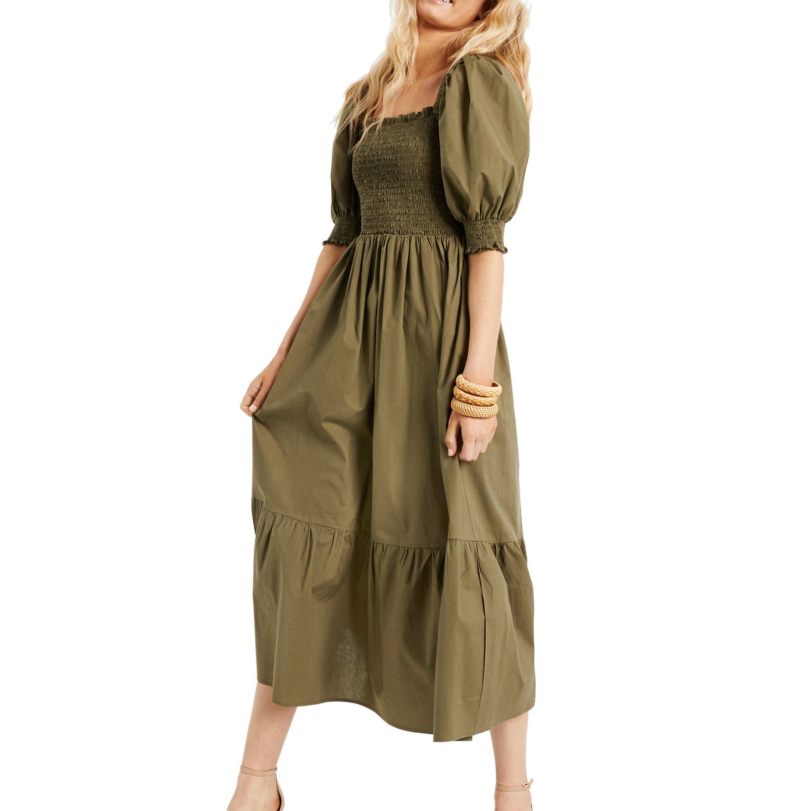 INC International Concepts Women Smock Puff Sleeve Dress Burnt Olive