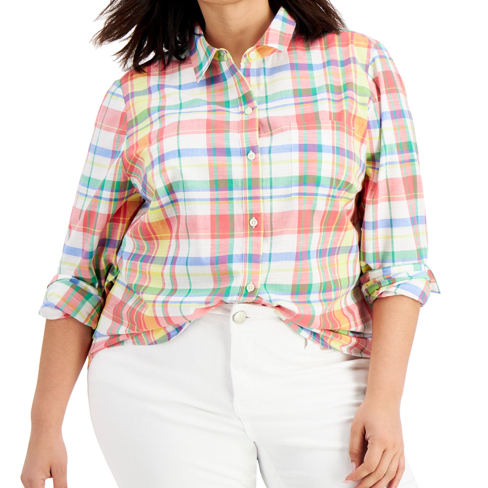 Style & Co Women Cotton Plaid Button Down Shirt Coconut Cream