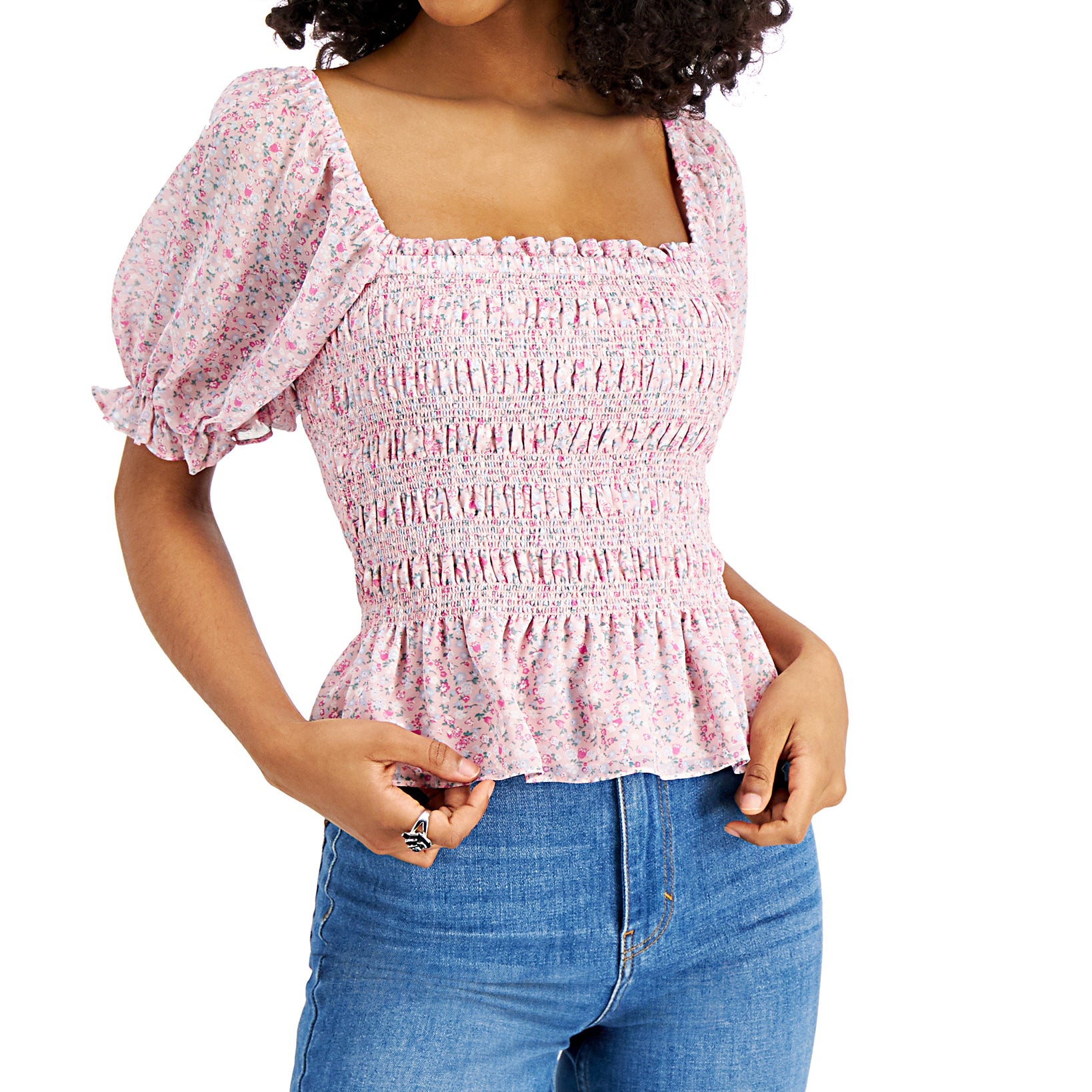 LEYDEN Women Printed Puff Sleeve Smocked Top Mauve Floral