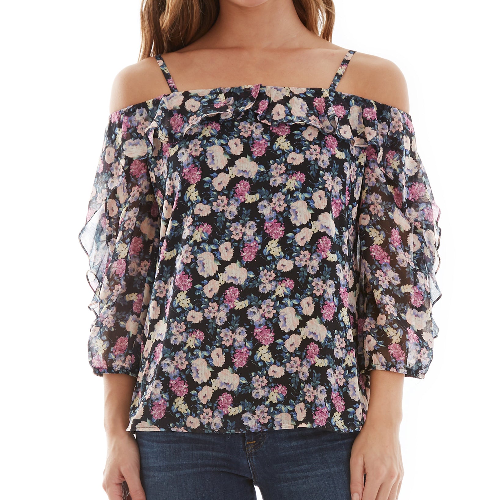 BCX Women Floral Print Ruffled Cold Shoulder Top Black Floral Print