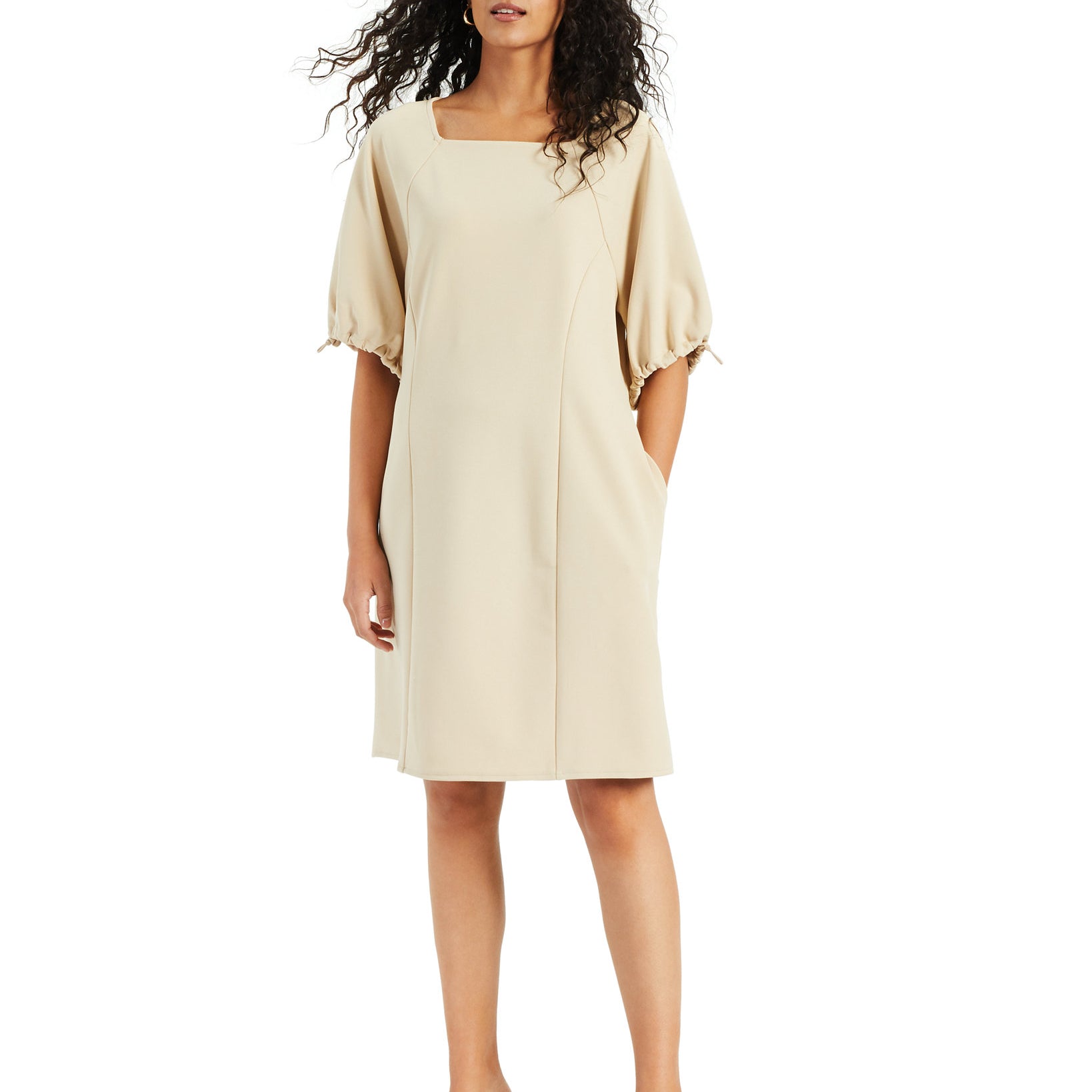 Alfani Women Cinch Sleeve Dress Cream Beige