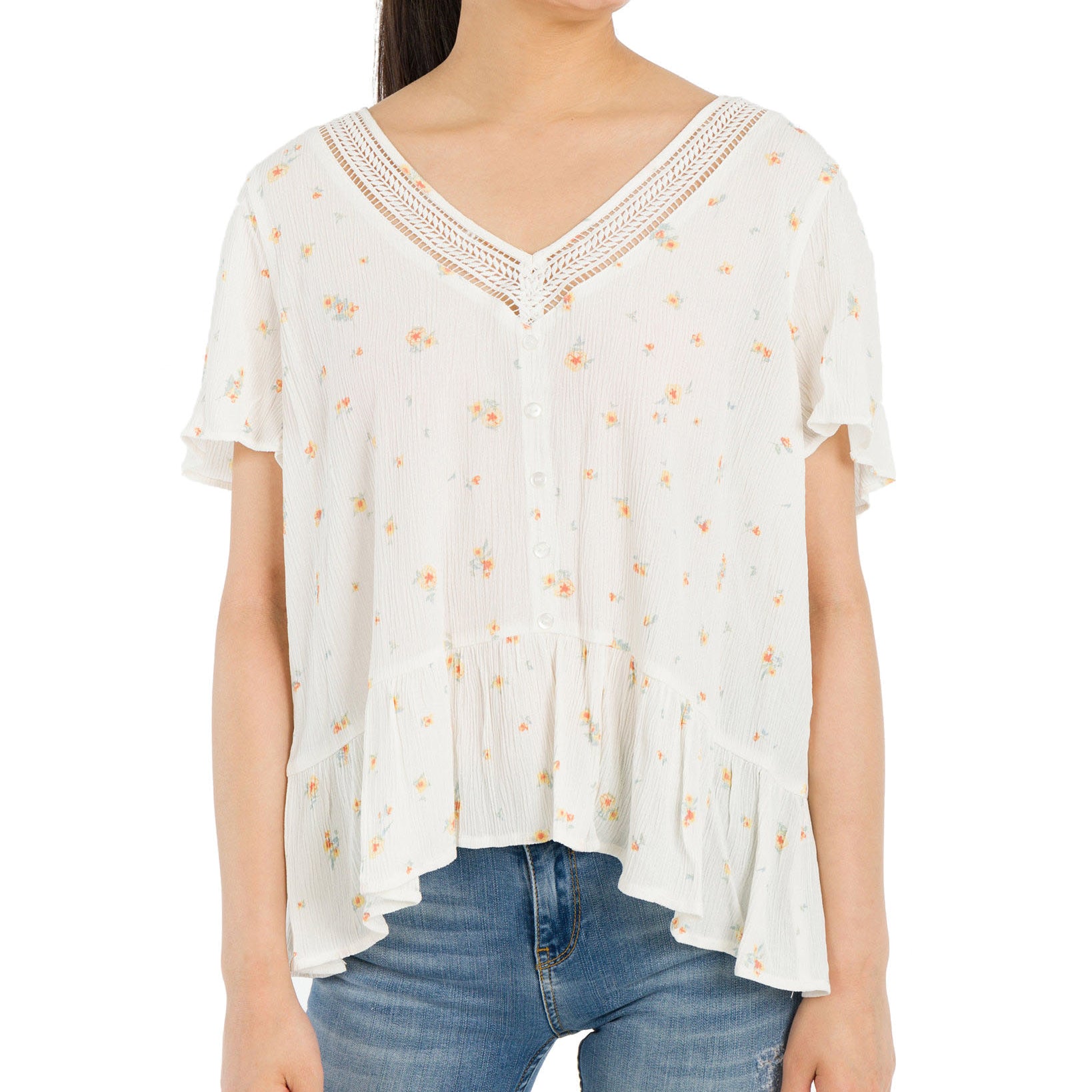 Hippie Rose Women Lace Trim Peplum Top Ivory Ditsy