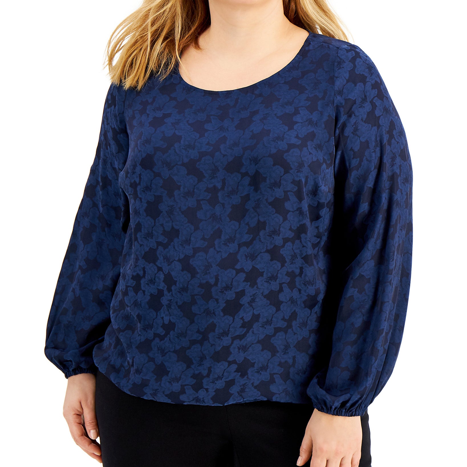 JM Collection Women Jacquard Bubble Hem Top Intrepid Blue