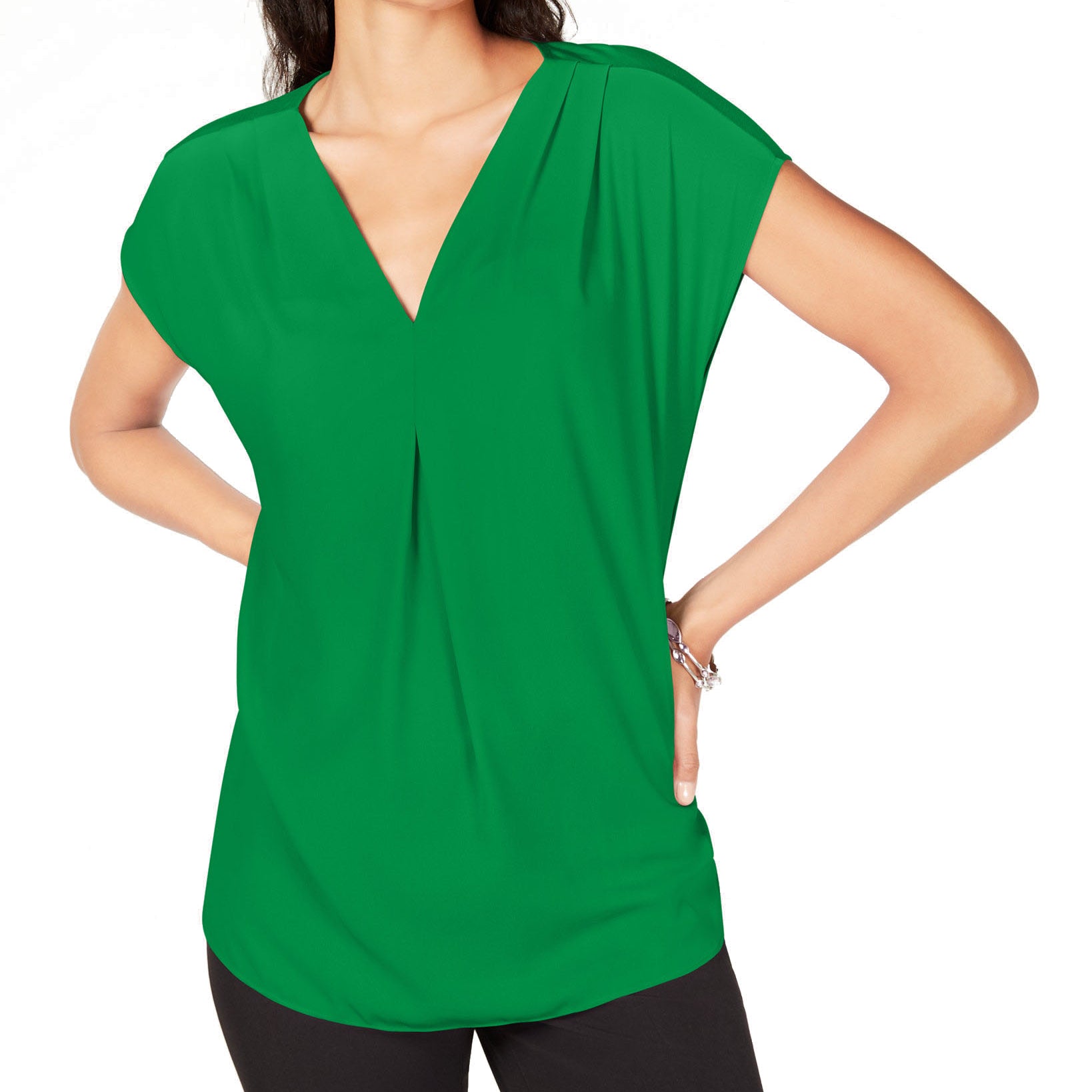 INC International Concepts Women Inverted Pleat V Neck Top Green Emerald