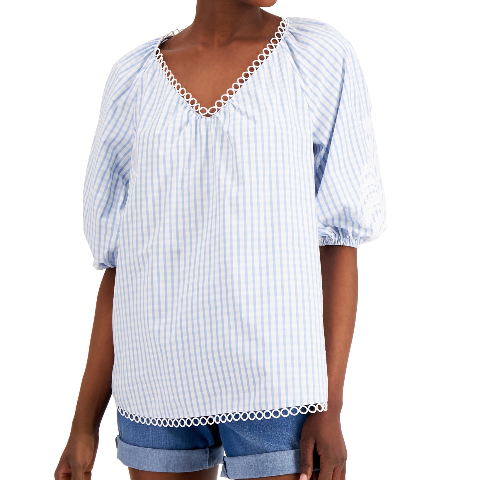 Charter Club Women Petite Cotton Puff Sleeve Striped Blouse Bright White Combo