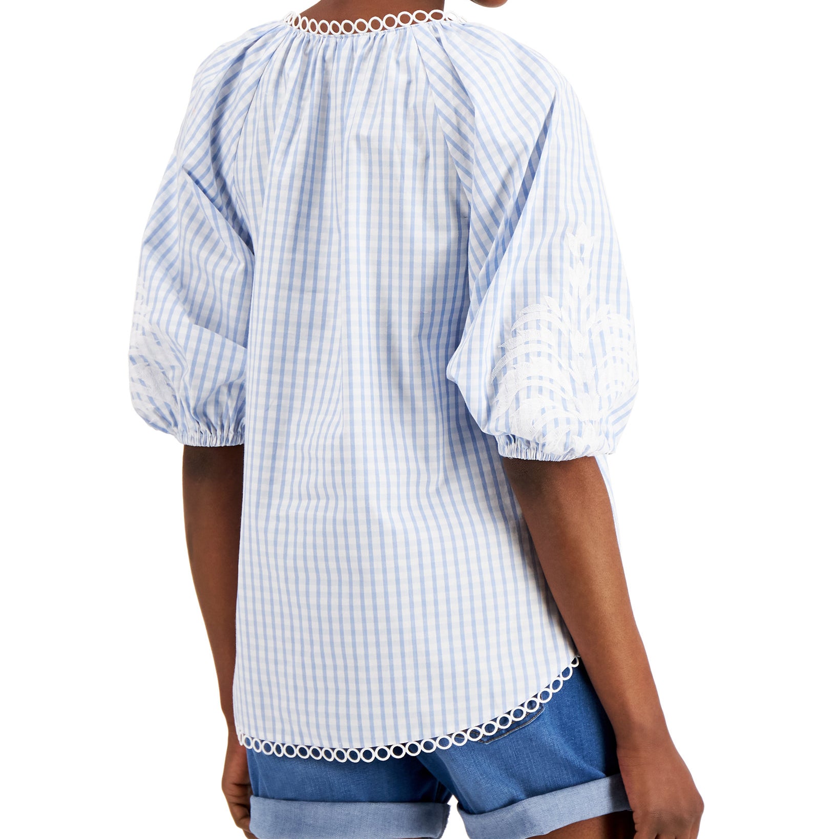 Charter Club Women Petite Cotton Puff Sleeve Striped Blouse