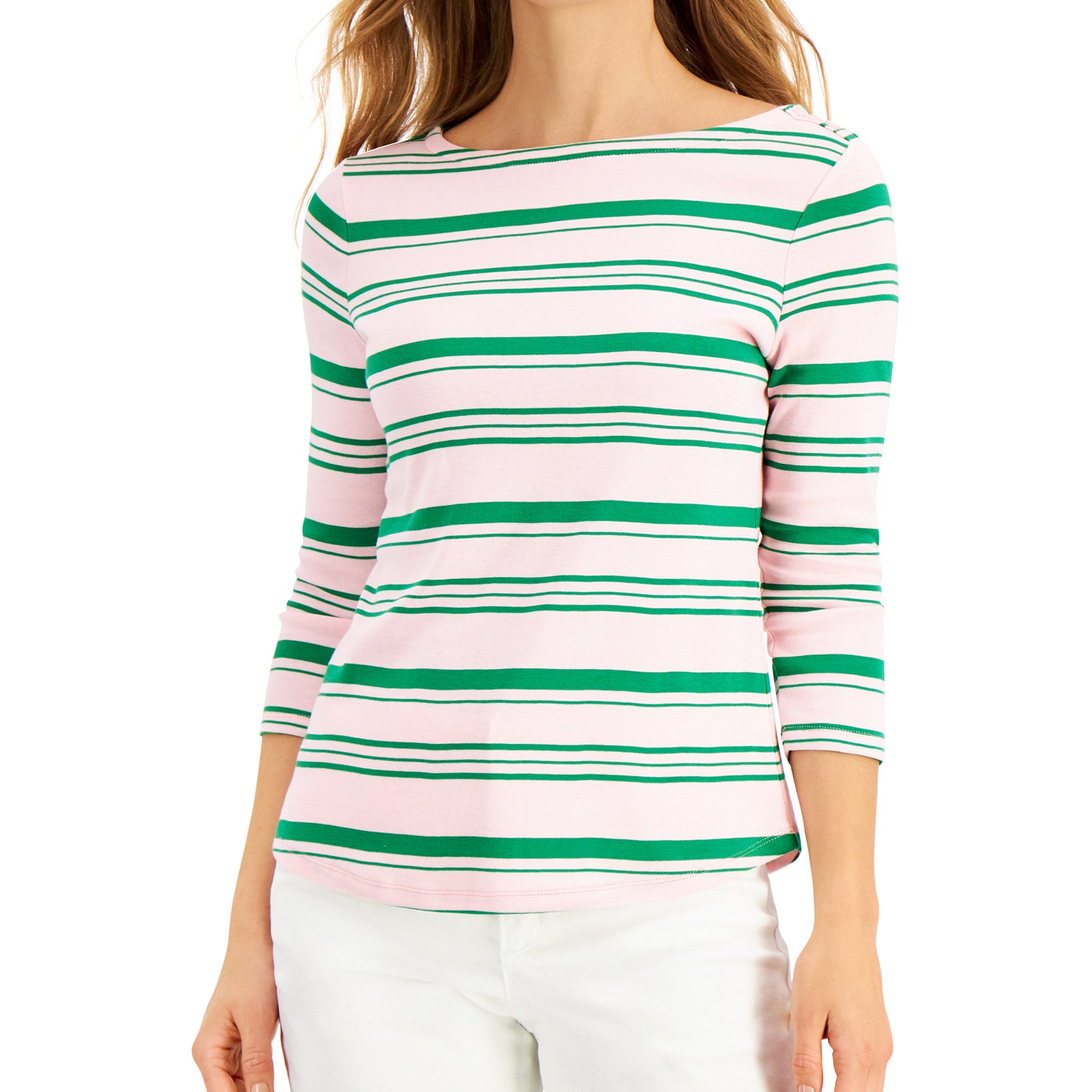Charter Club Women Cotton Variegated Striped Top Orchid Pink Combo
