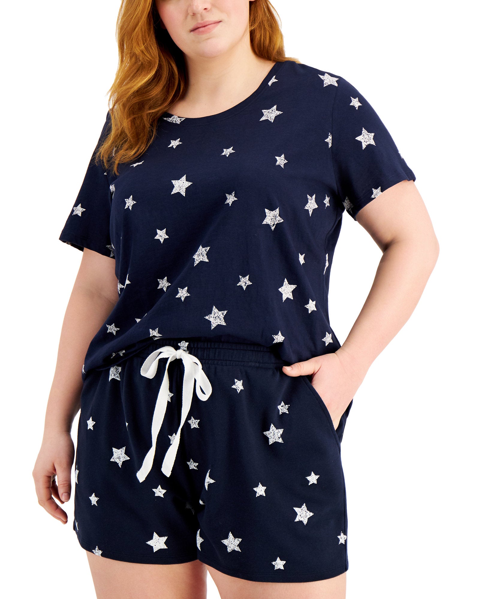 Style & Co Women Plus Cotton Star Print Top Star Toss Blue