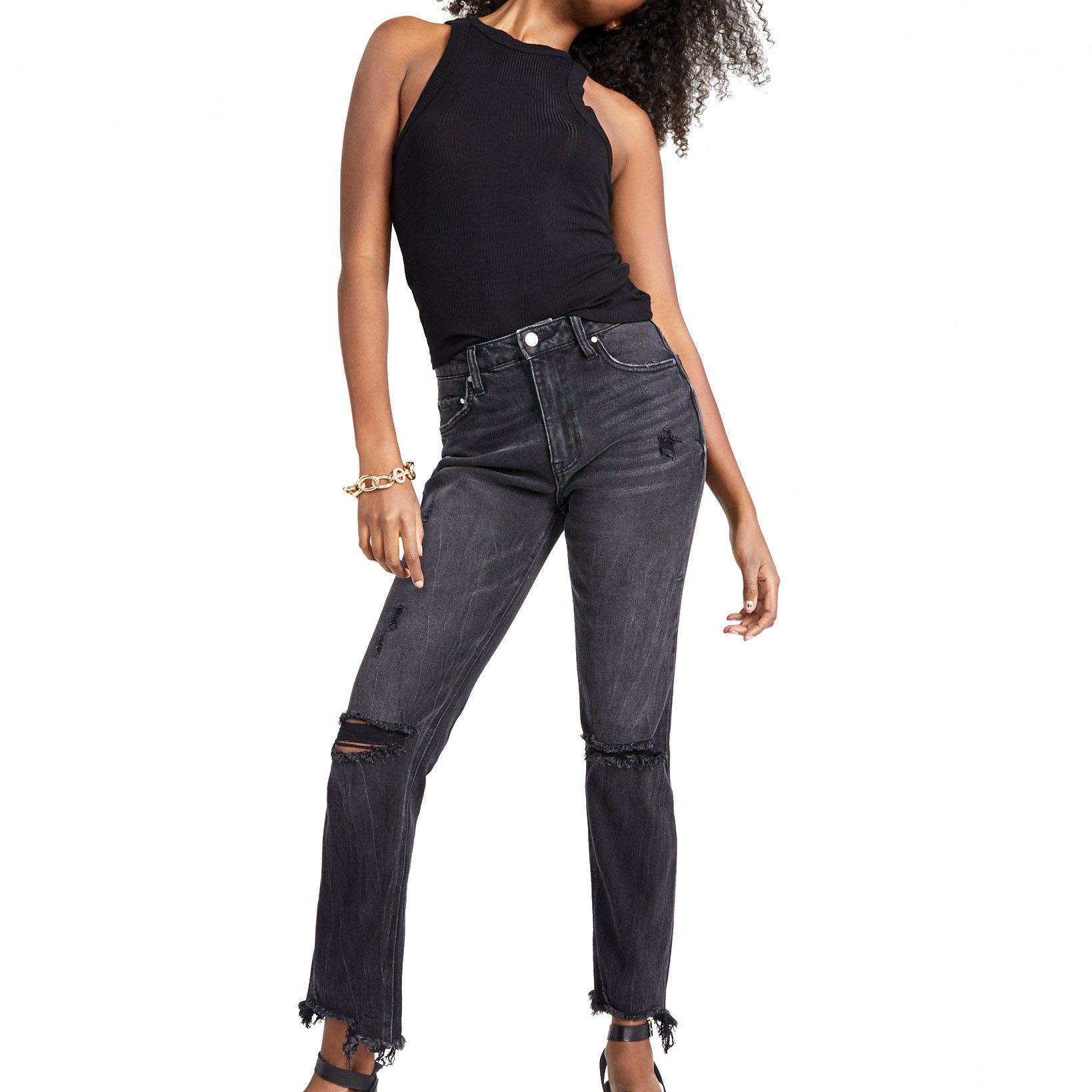 Tinseltown Women Ripped Frayed Hem Straight Jeans Black Wash