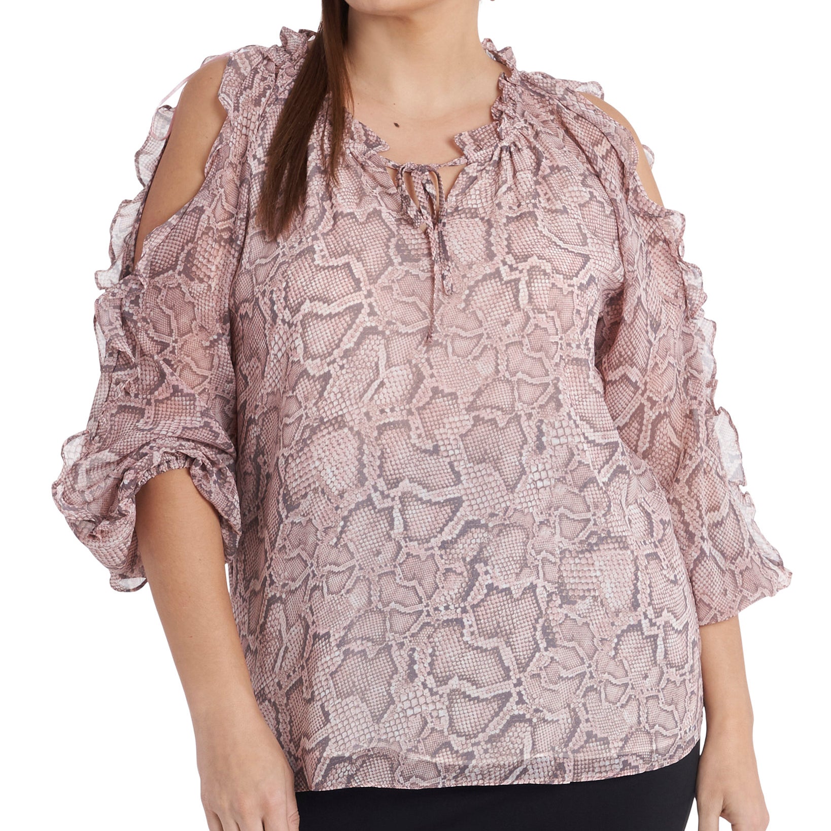1.STATE Women Plus Trendy Ruffled Cold Shoulder Printed Top Silky Snake