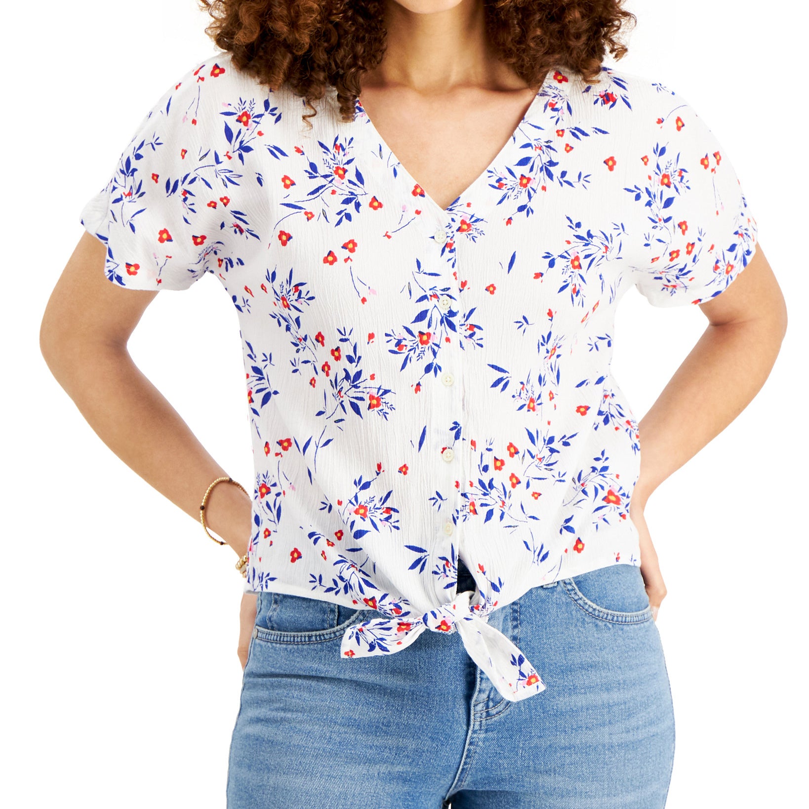Style & Co Women Tie Front Floral Top Bright White