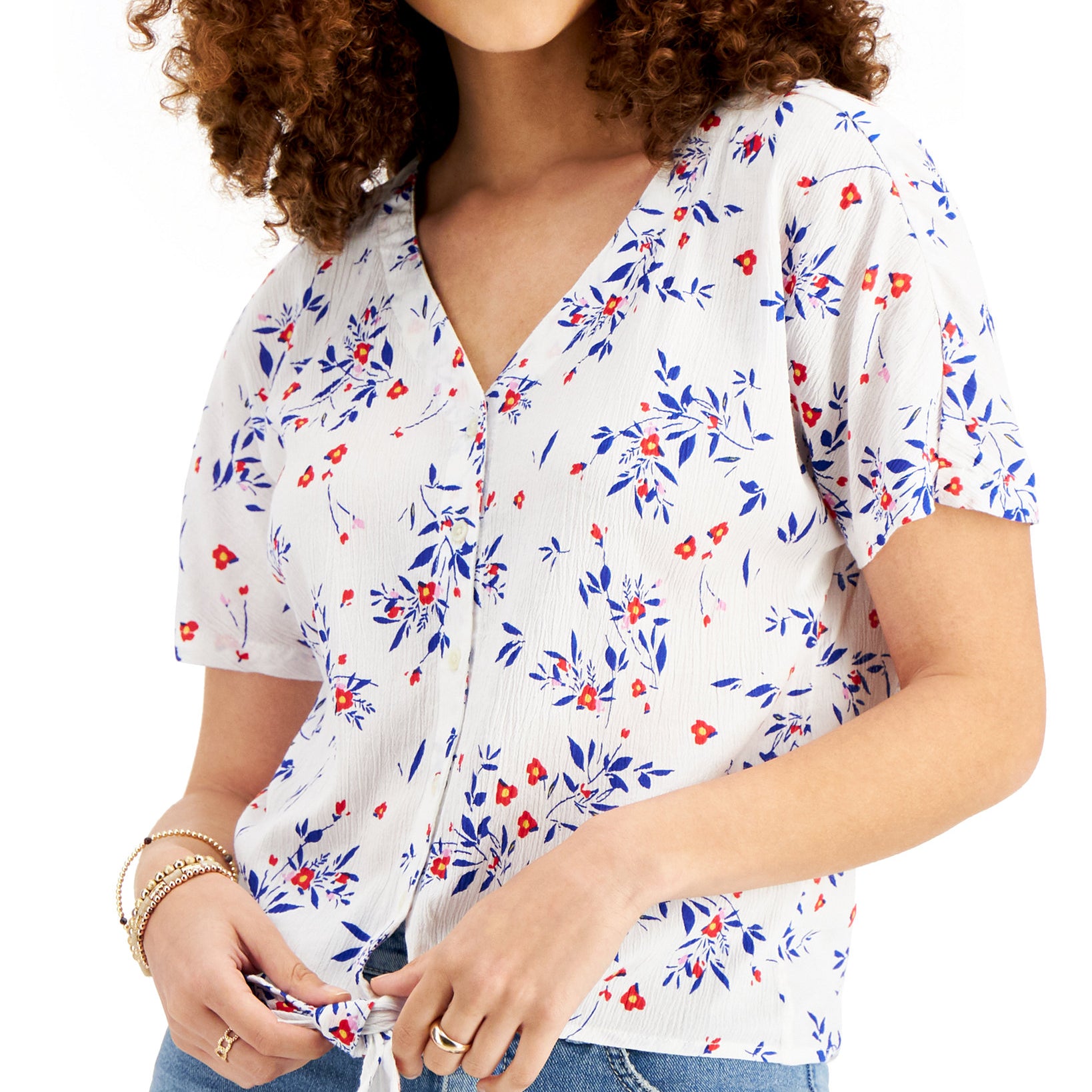 Style & Co Women Tie Front Floral Top