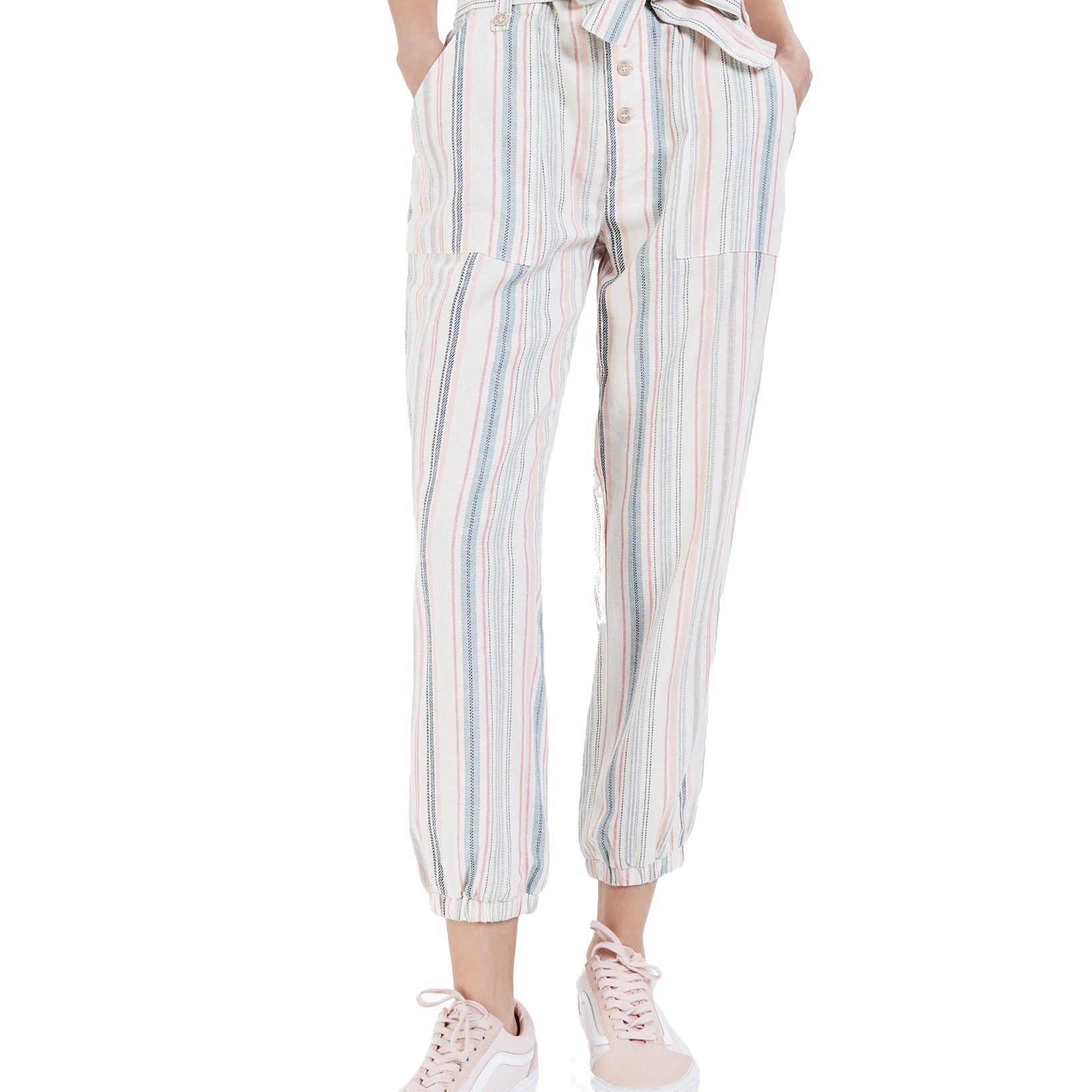 Indigo Rein Women Belted Paperbag Waist Pants Multi Beige Stripe