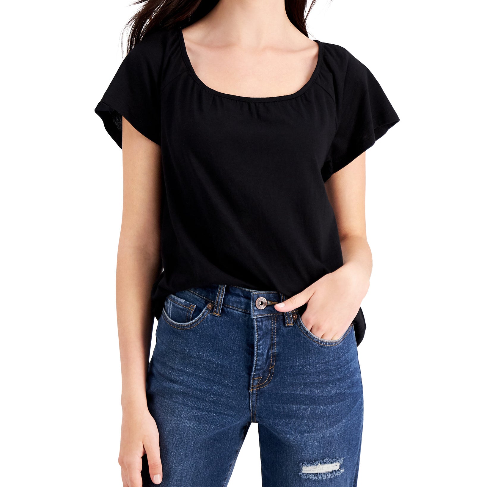 Style & Co Women Flutter Sleeve Top Deep Black