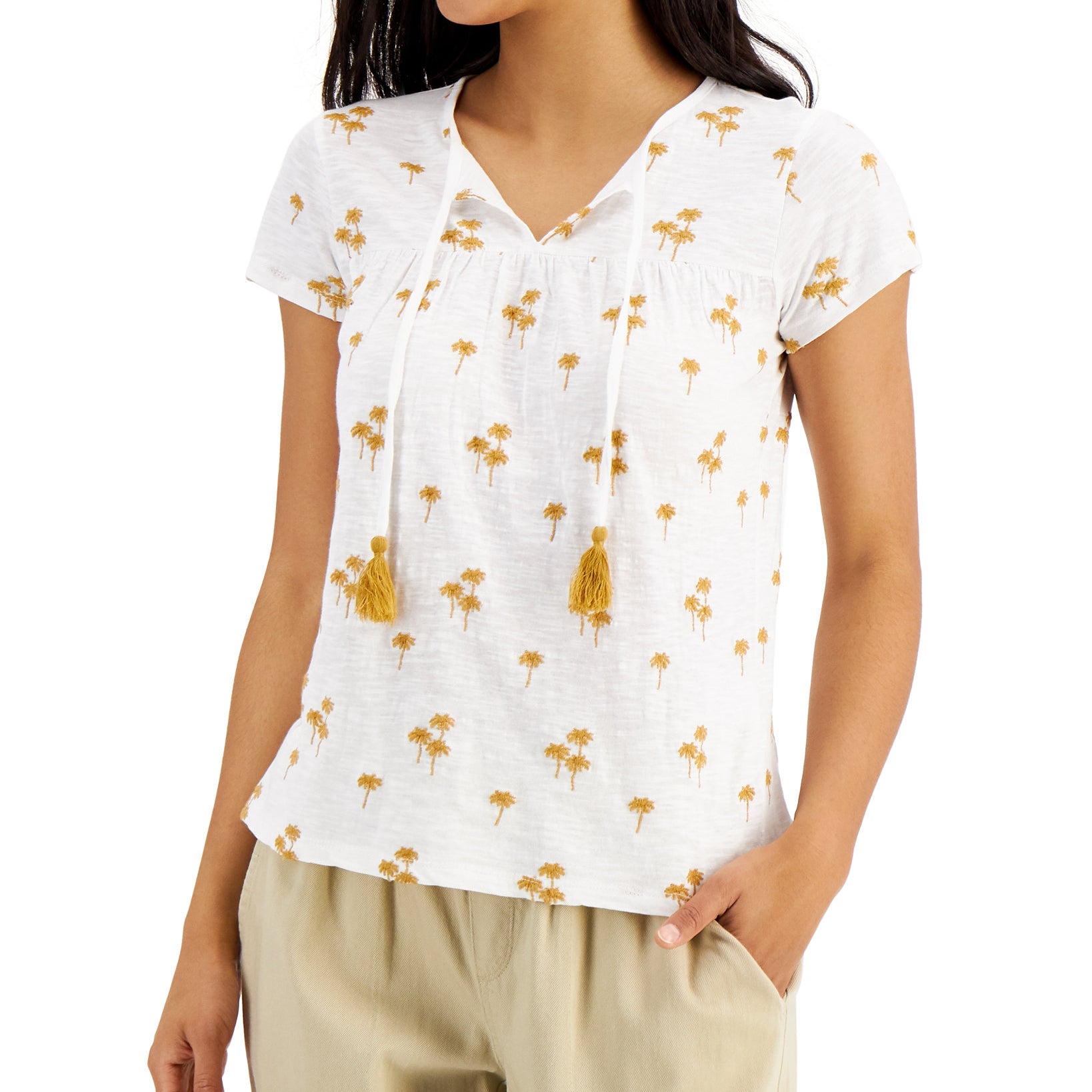 Style & Co Women Cotton Embroidered Split Neck Top Palms Biscuit