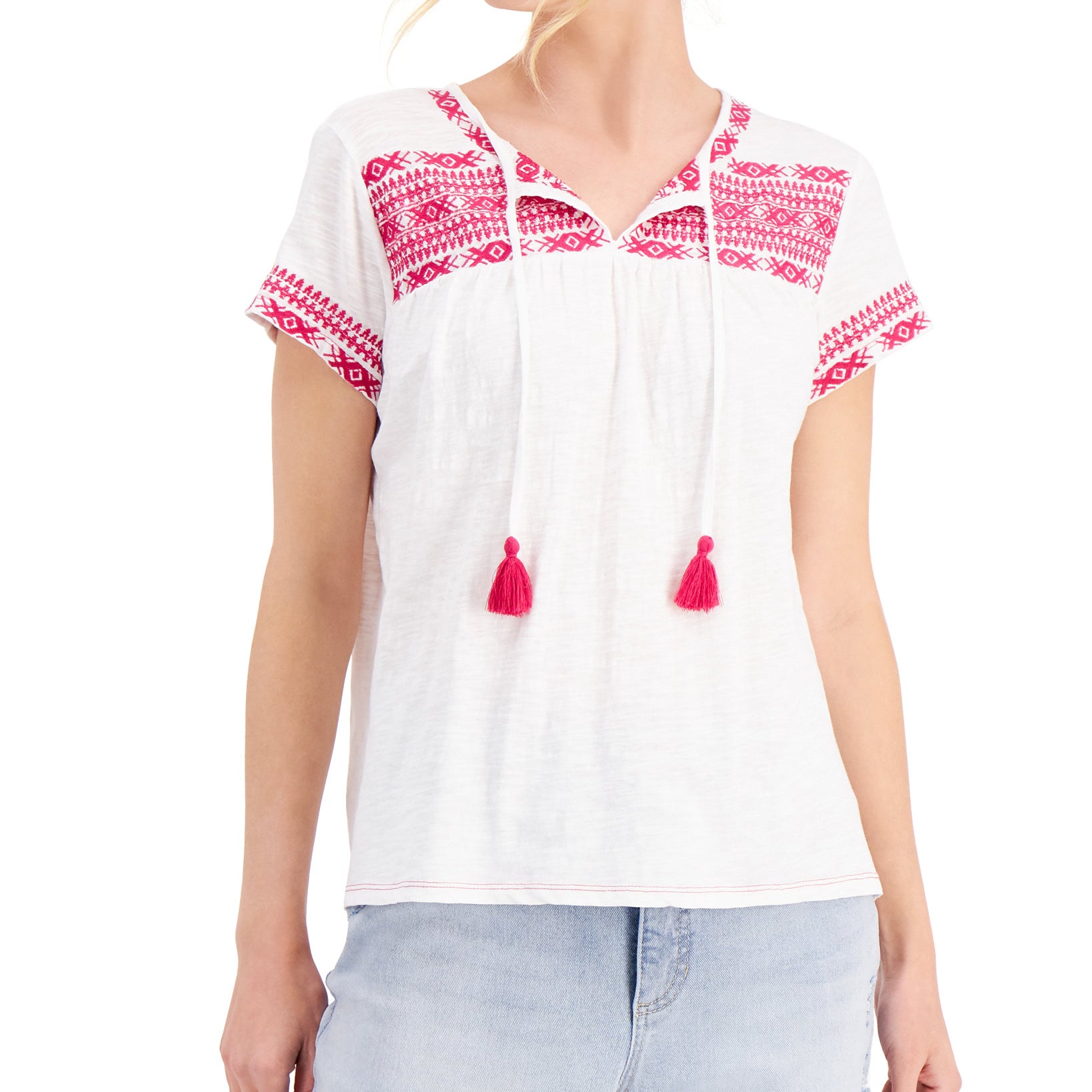 Style & Co Women Cotton Embroidered Vacation Top Bright White