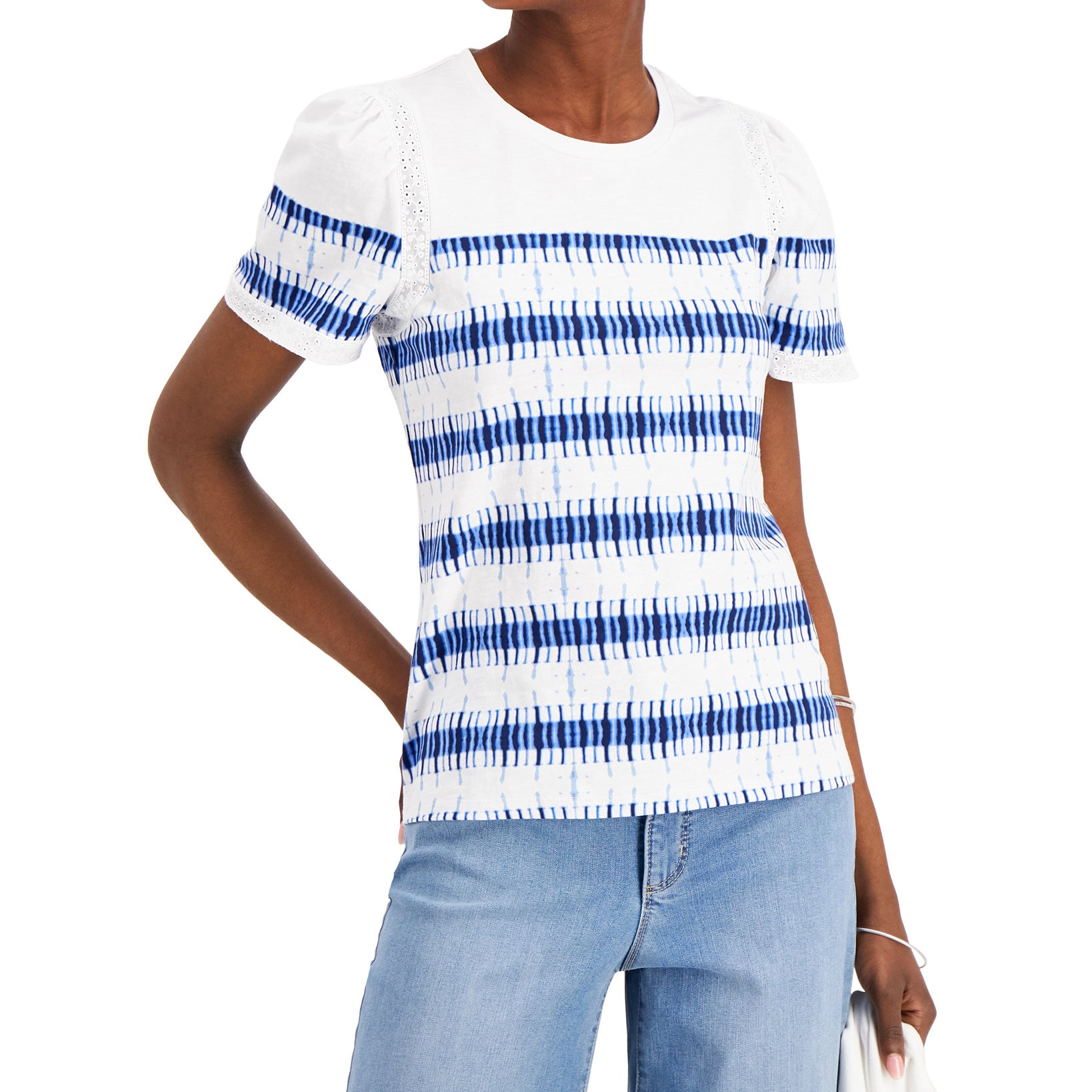 Charter Club Women Petite Cotton Eyelet Trim Puff Sleeve Top Bright White Combo