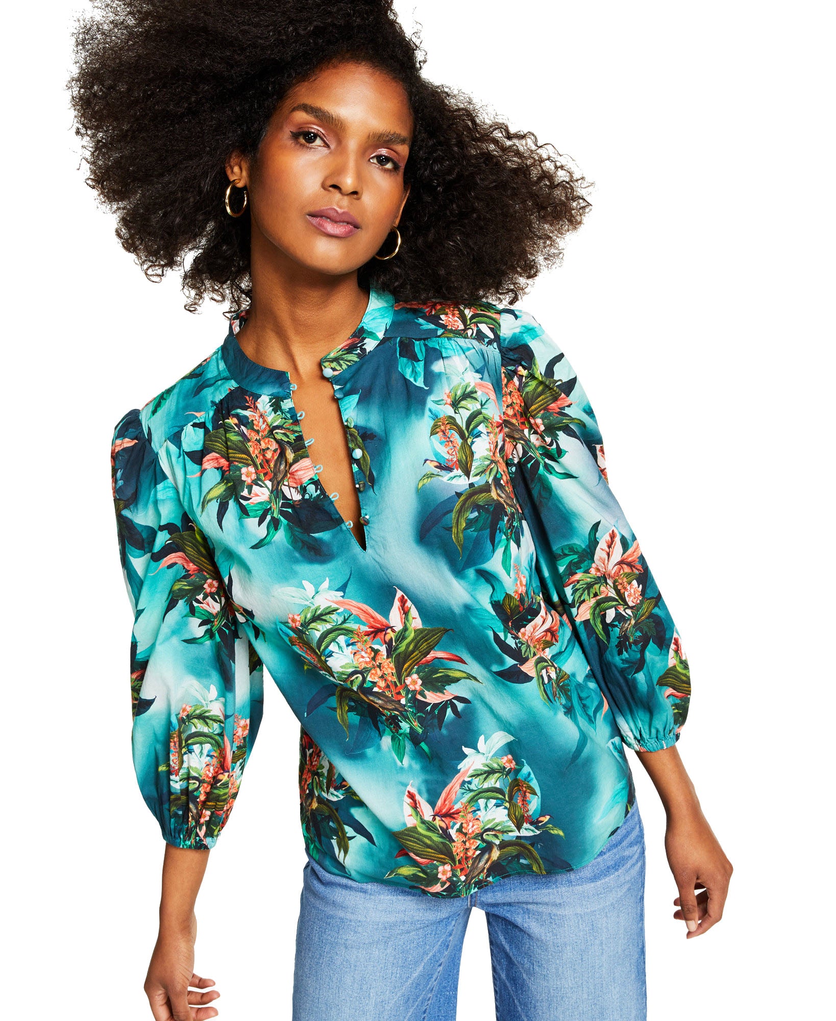 INC International Concepts Women Plus Cotton Tropical Print Blouse Rada Garden