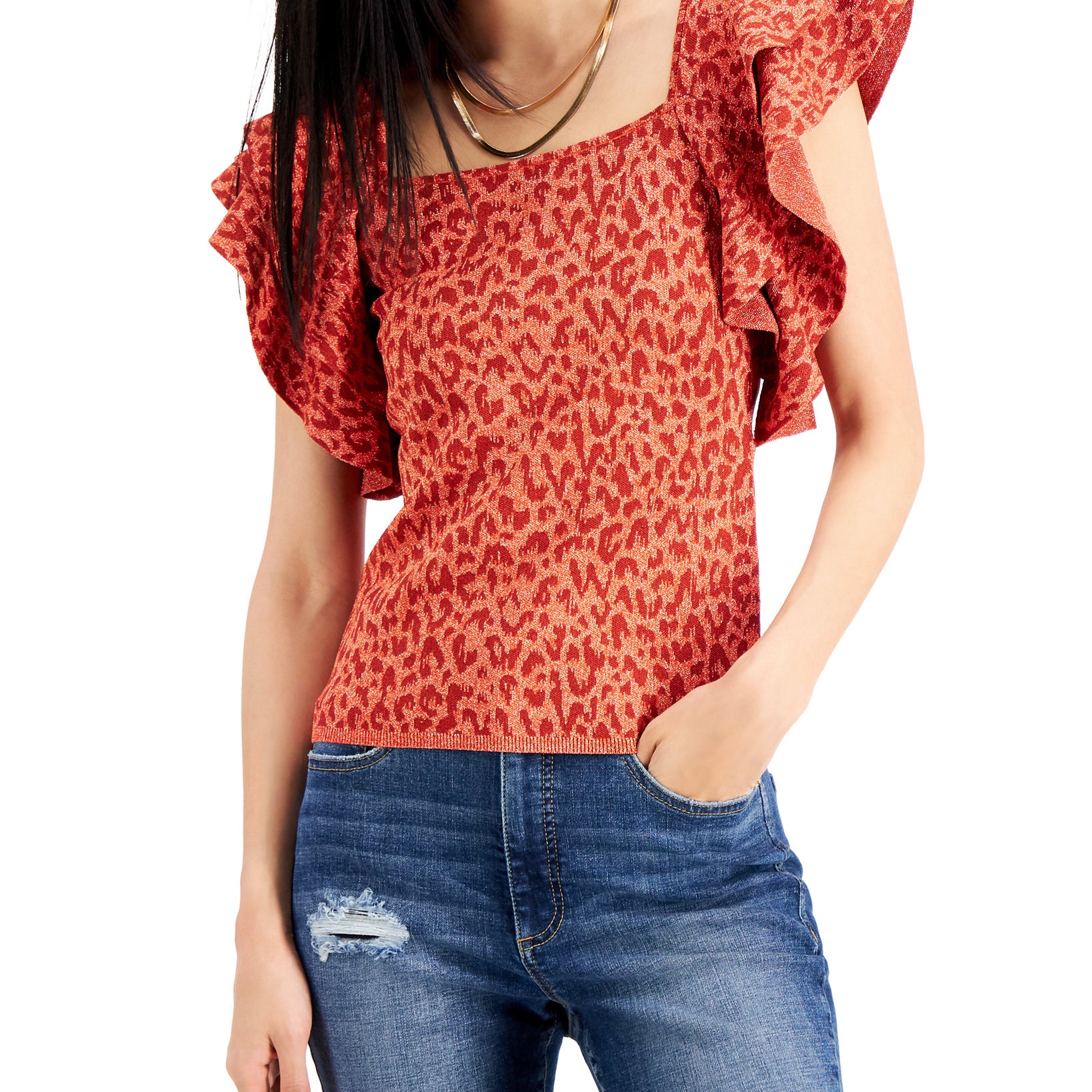 INC International Concepts Women Ruffled Animal Print Sweater Mira Animal