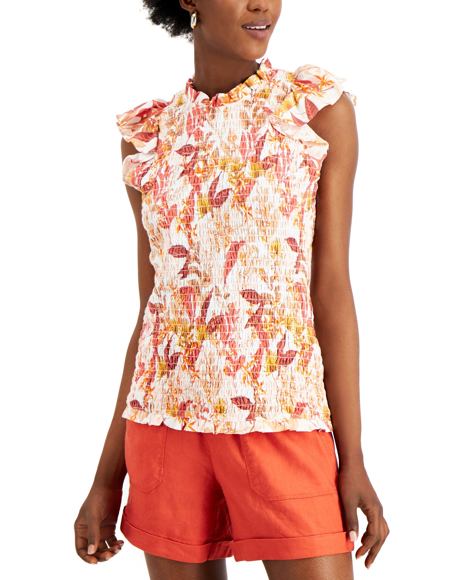 INC International Concepts Women Plus Printed Smocked Sleeveless Top Kauai Blooms