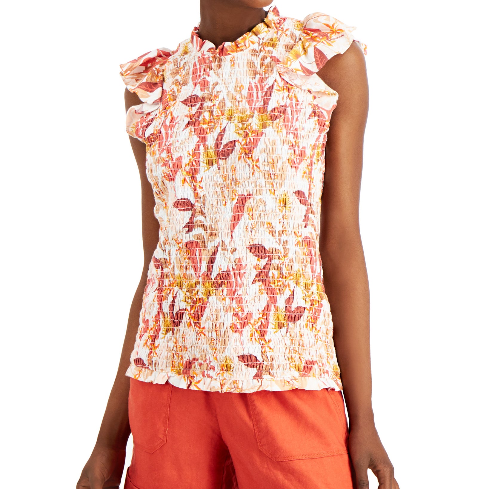 INC International Concepts Women Floral Print Smocked Sleeveless Top Kauai Blooms