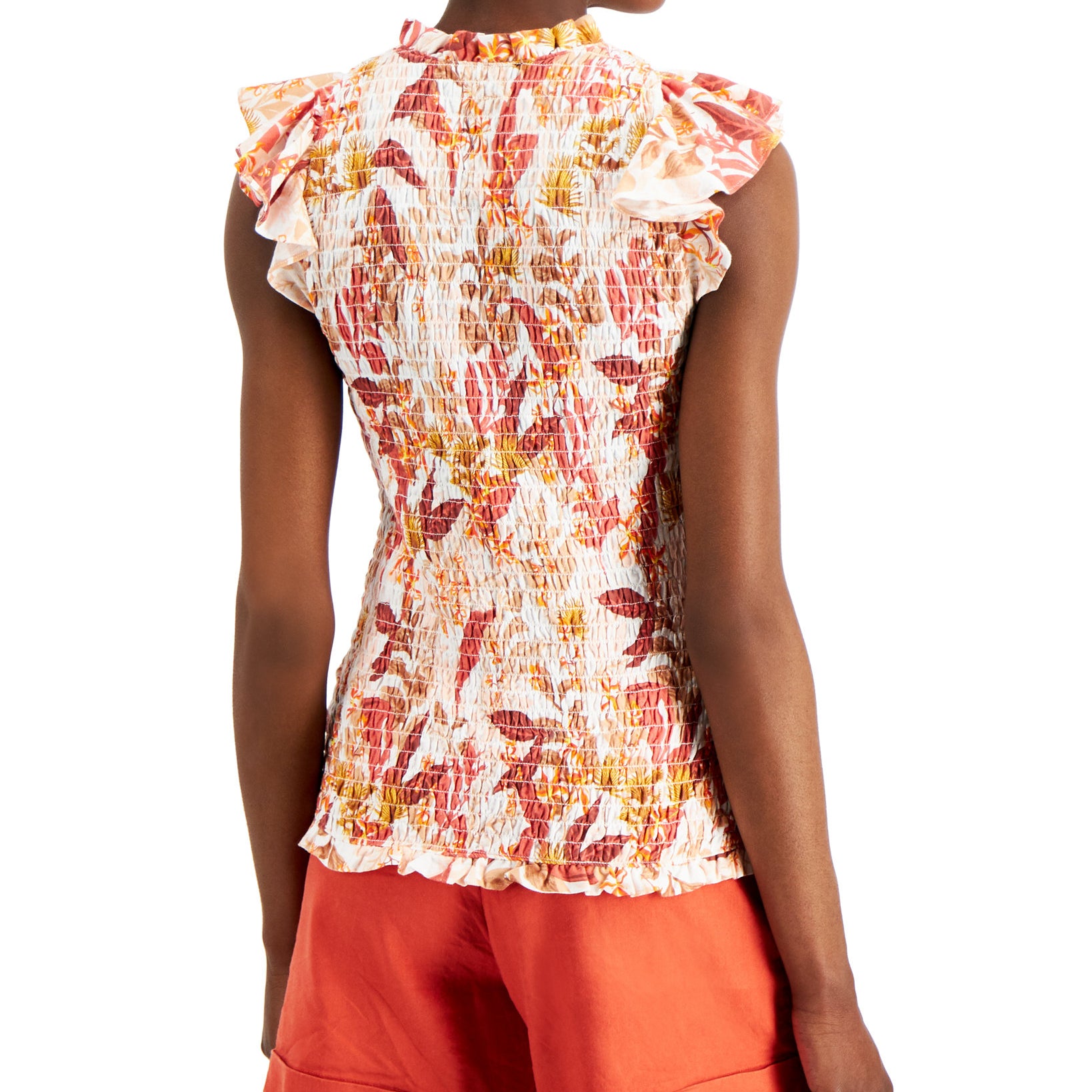 INC International Concepts Women Floral Print Smocked Sleeveless Top