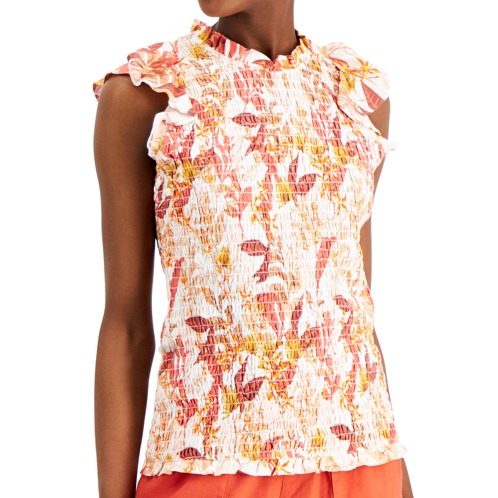 INC International Concepts Women Floral Print Smocked Sleeveless Top